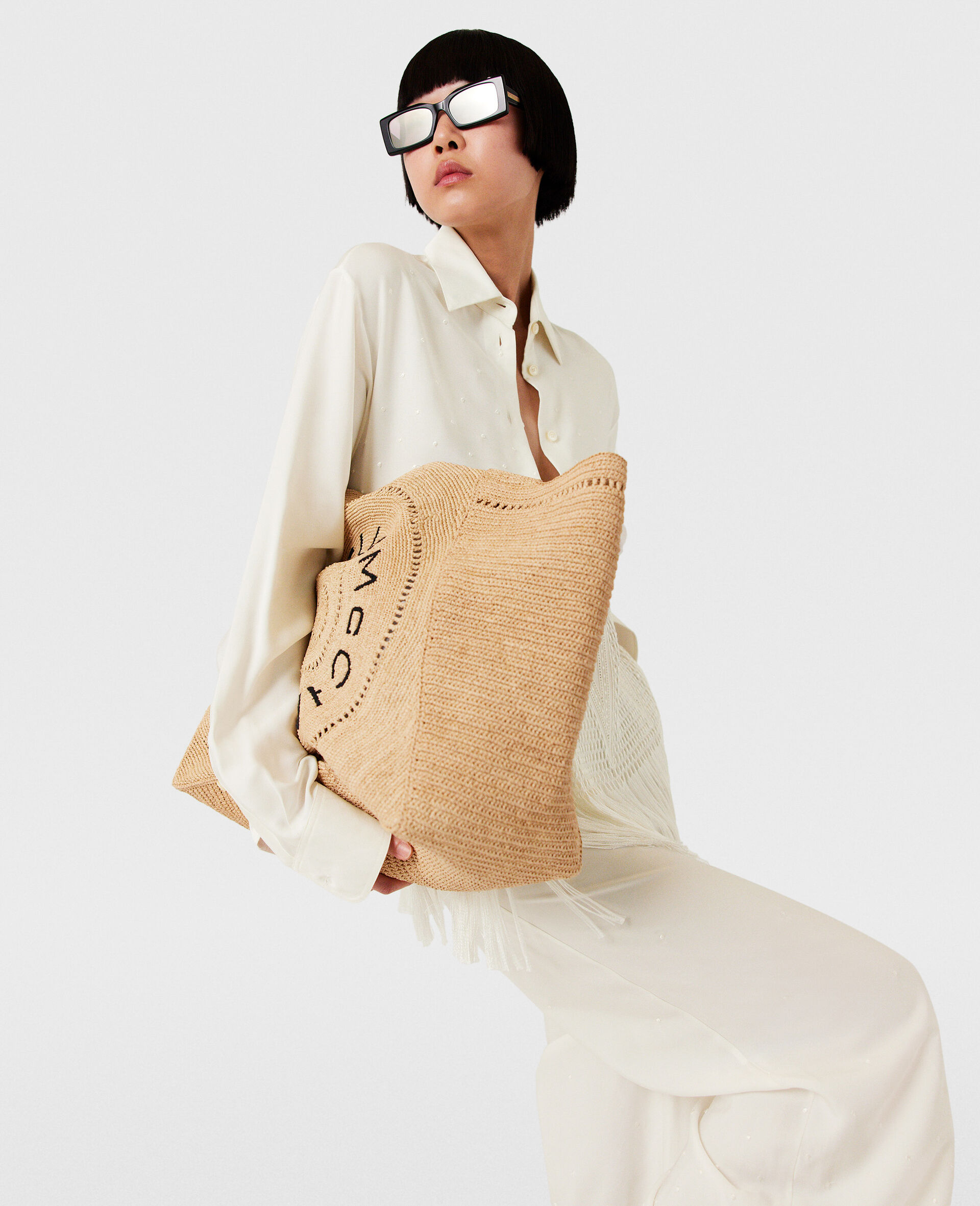 Logo Raffia Large Tote Bag-Beige-large image number 5
