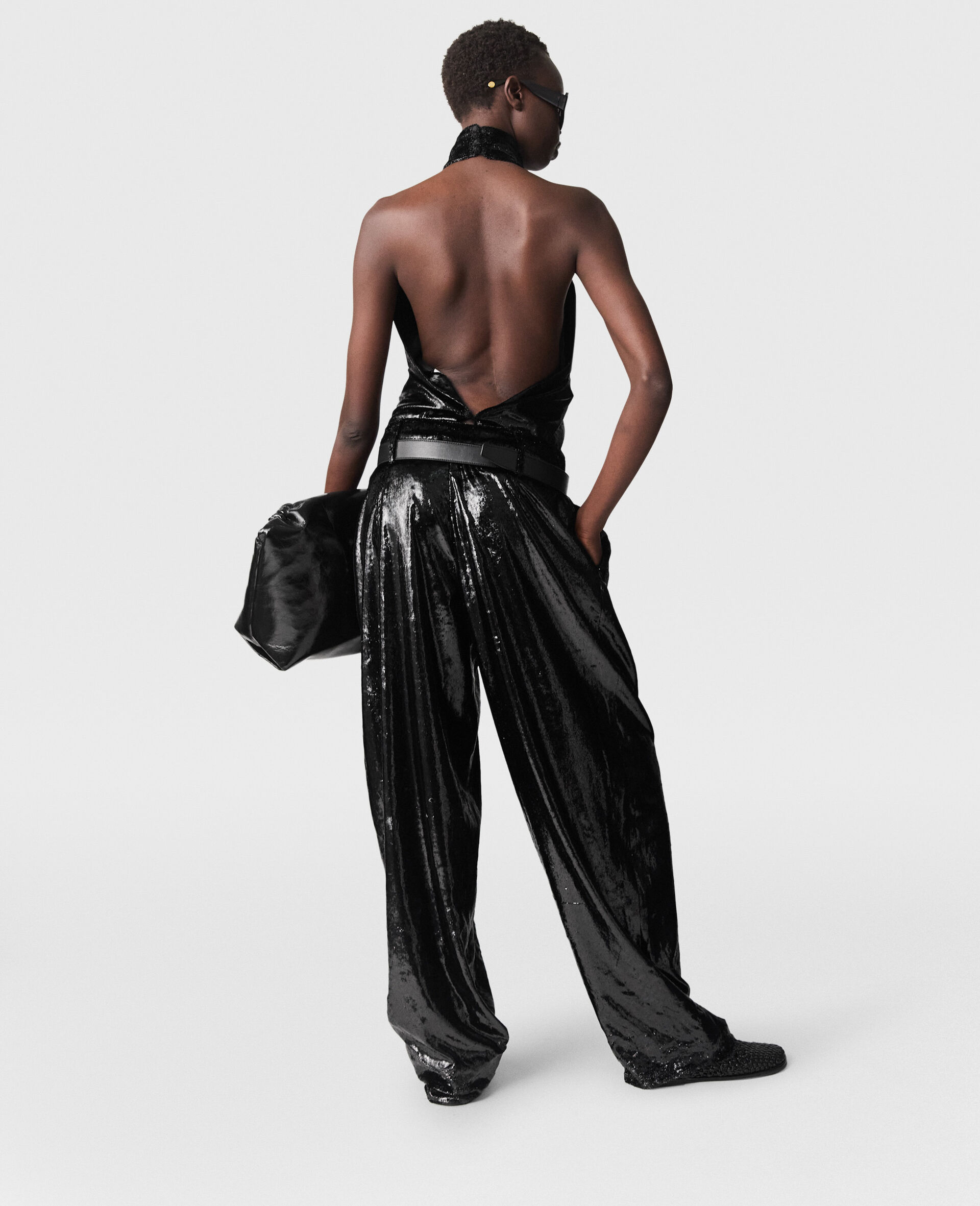 Halterneck Panel Velvet Top-Black-large image number 3