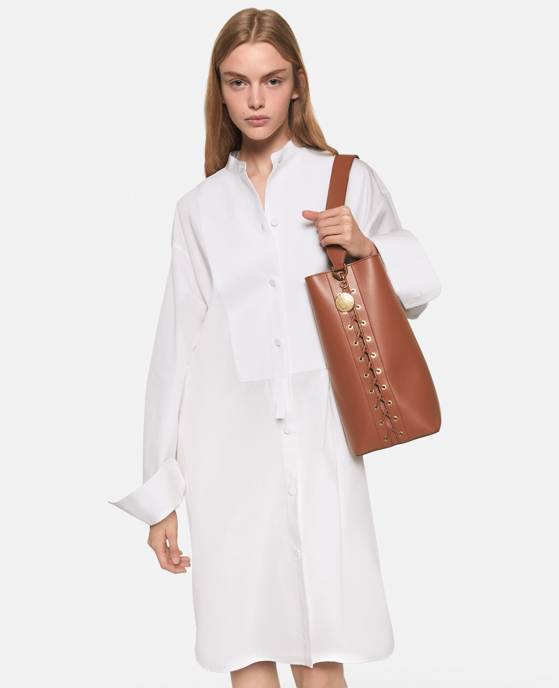 Grandfather Collar Cotton Midi Dress -White-model