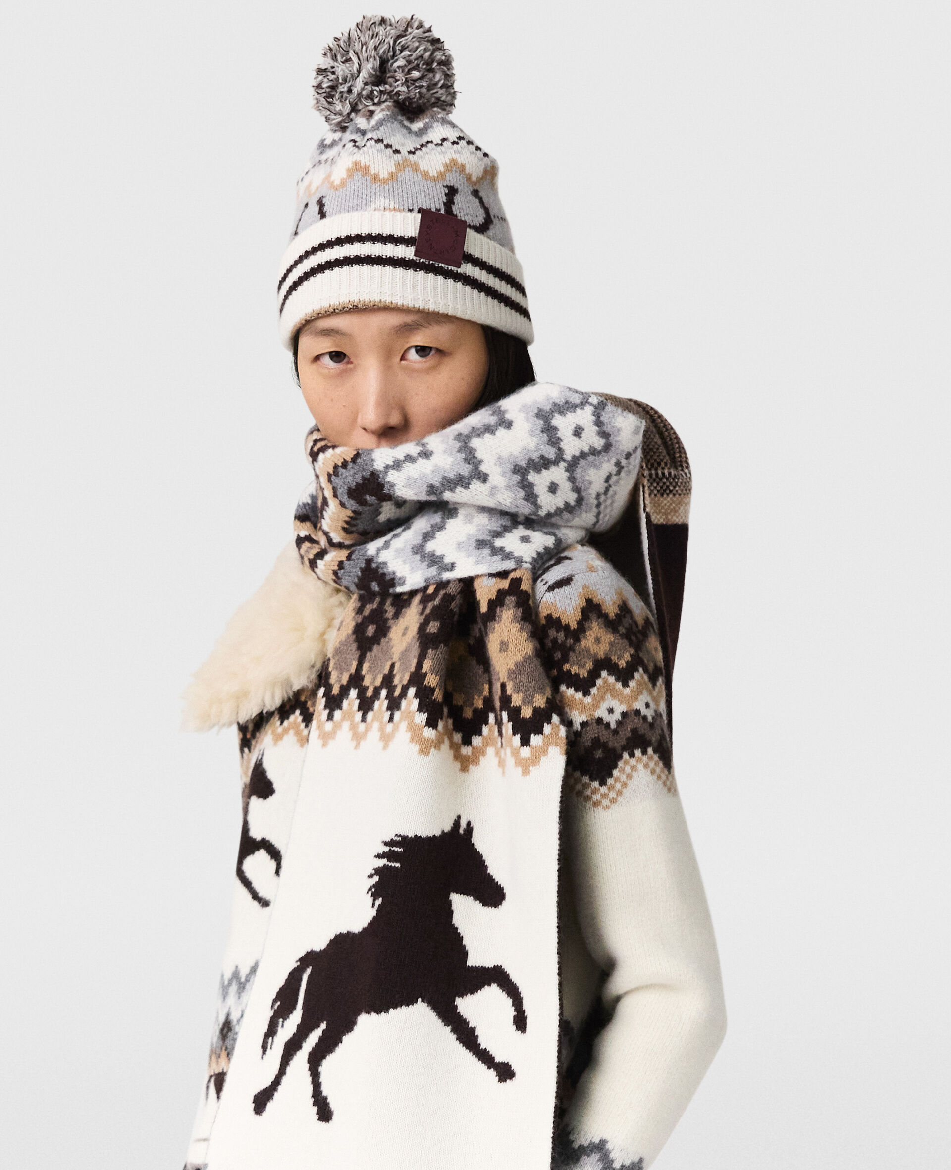 Ribbed Fairisle Logo Beanie-Brown-model