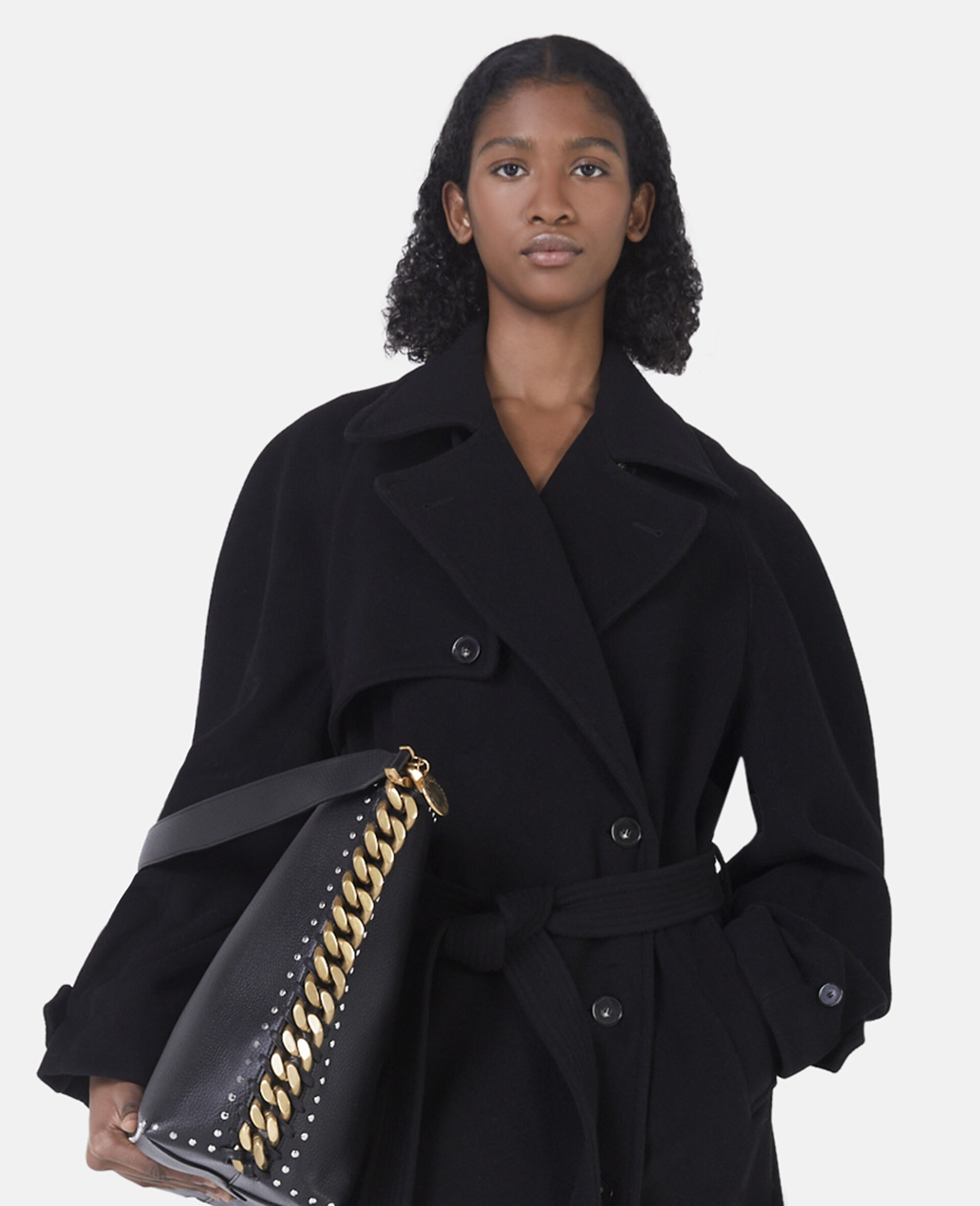 Banana Sleeve Belted Long Coat-Black-large image number 3