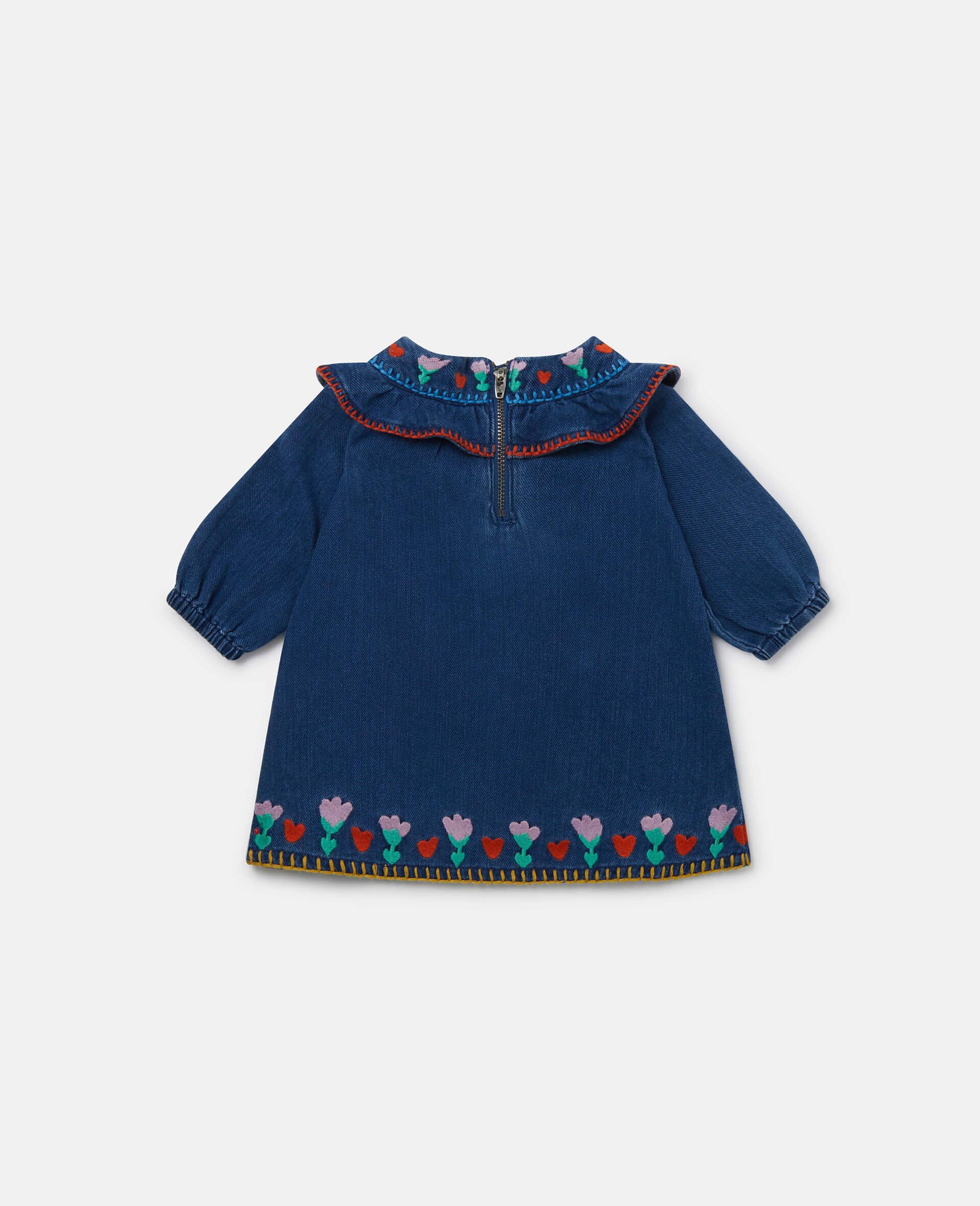 Folk Flower Embroidery Denim Dress-Blue-large image number 2