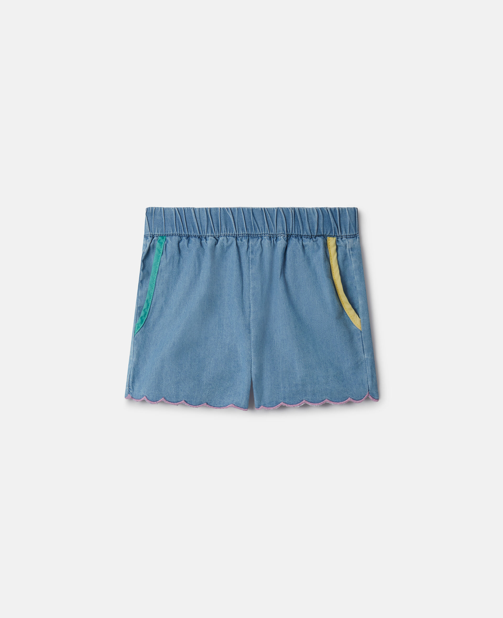 Pantaloncini in chambray con bordo smerlato-Blu-medium