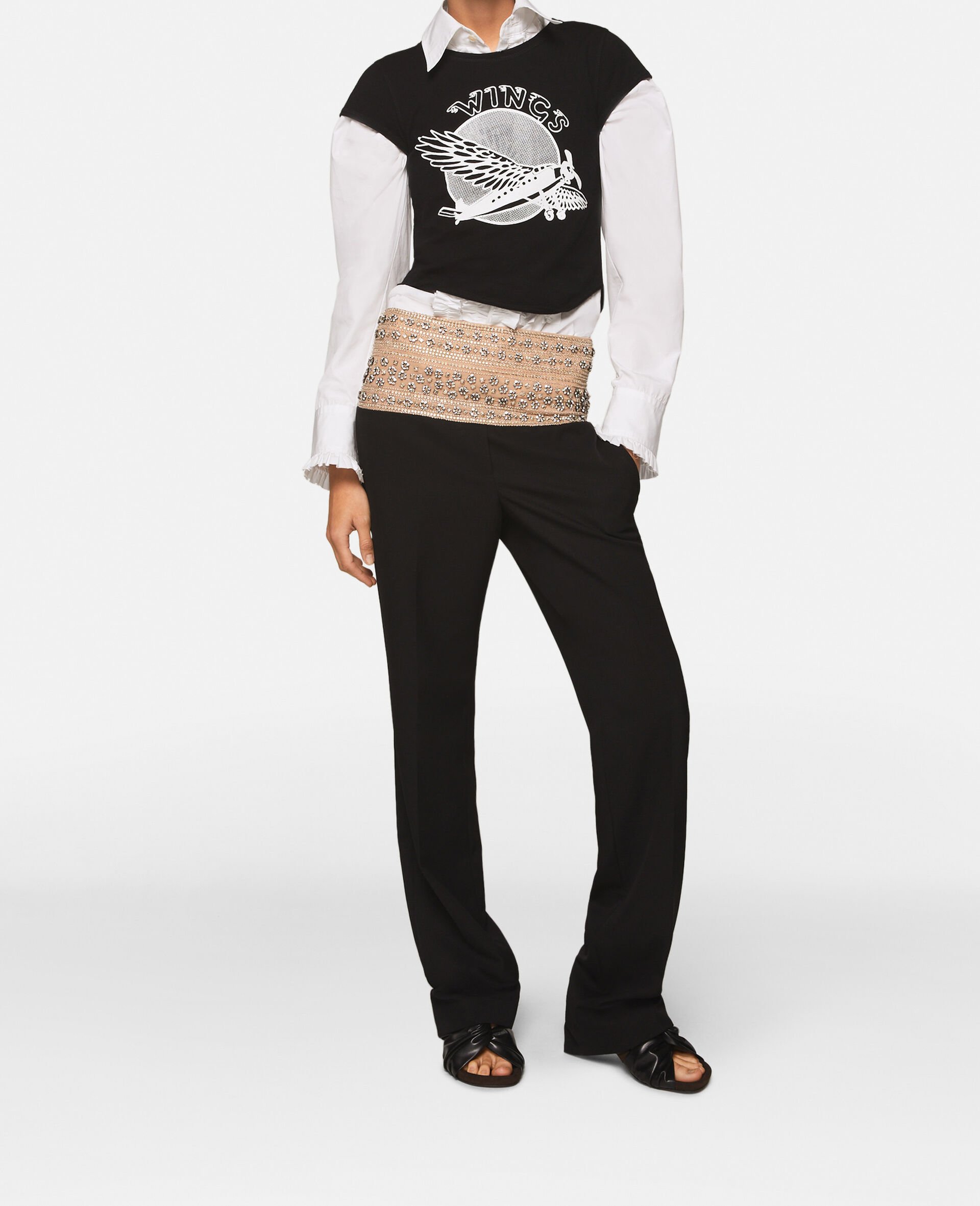 水晶装饰羊毛长裤-黑色-large image number 1