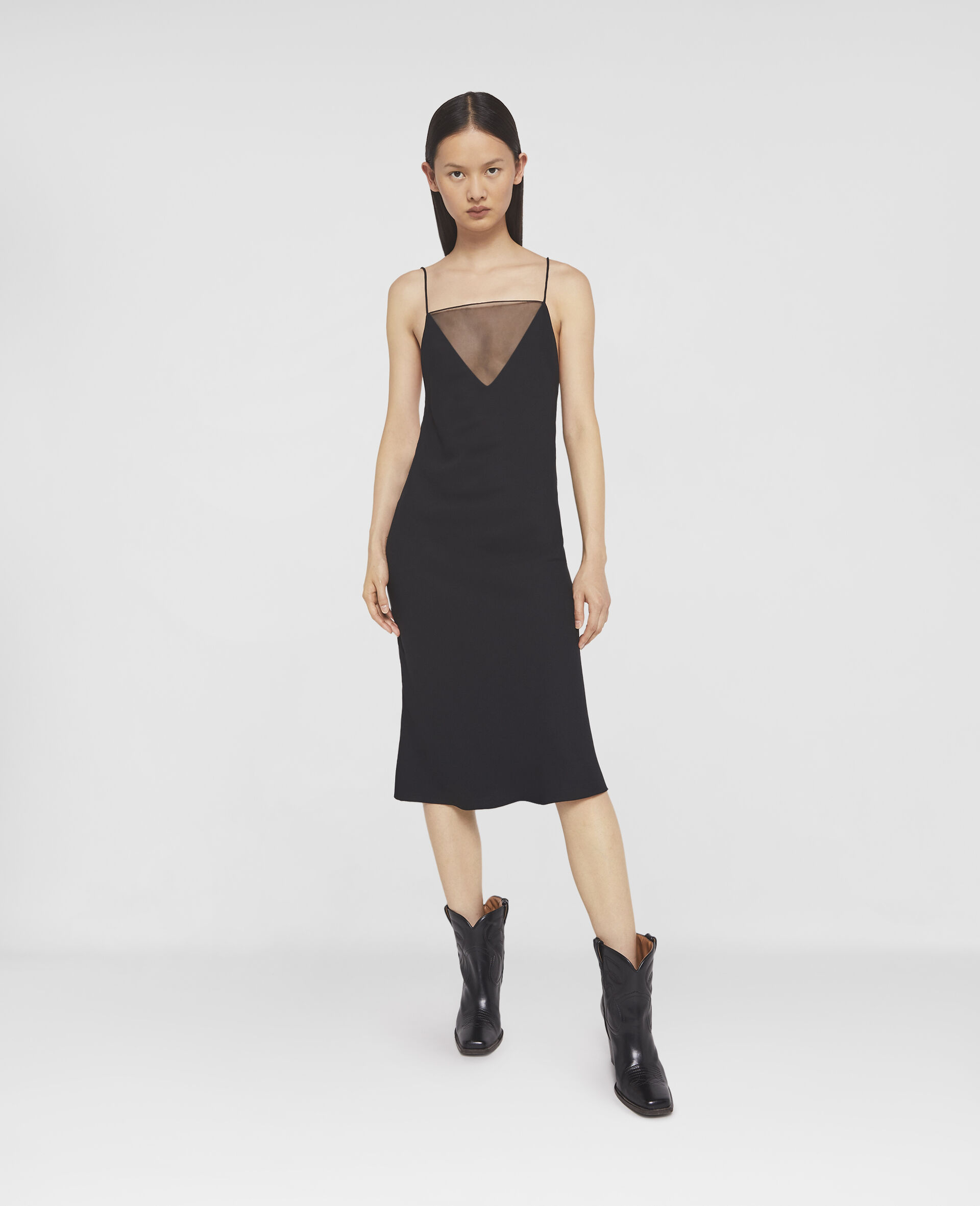 V Mesh Compact Crepe Slip Dress-Black-large image number 1