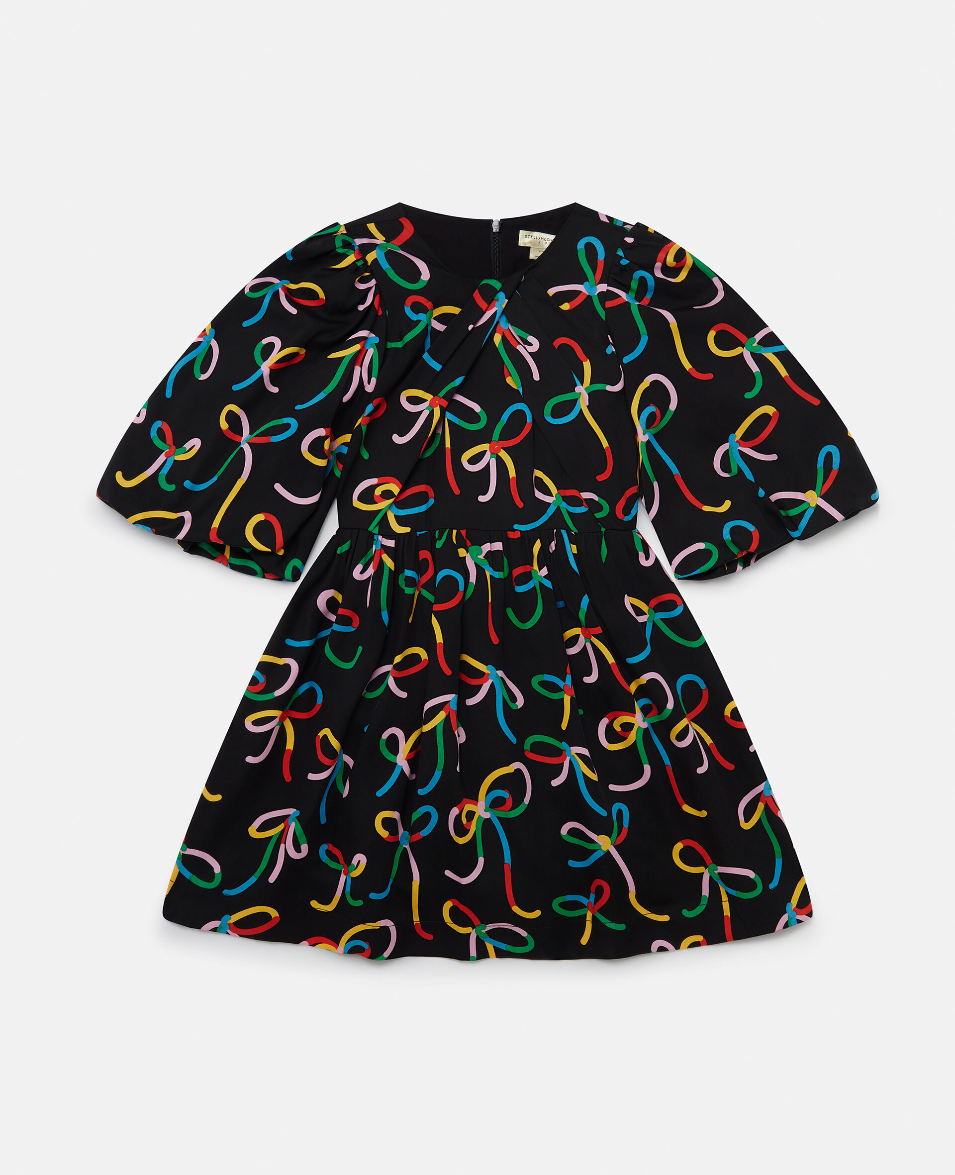 Ribbon Print Puff-Sleeve Dress-Multicolour-large image number 0