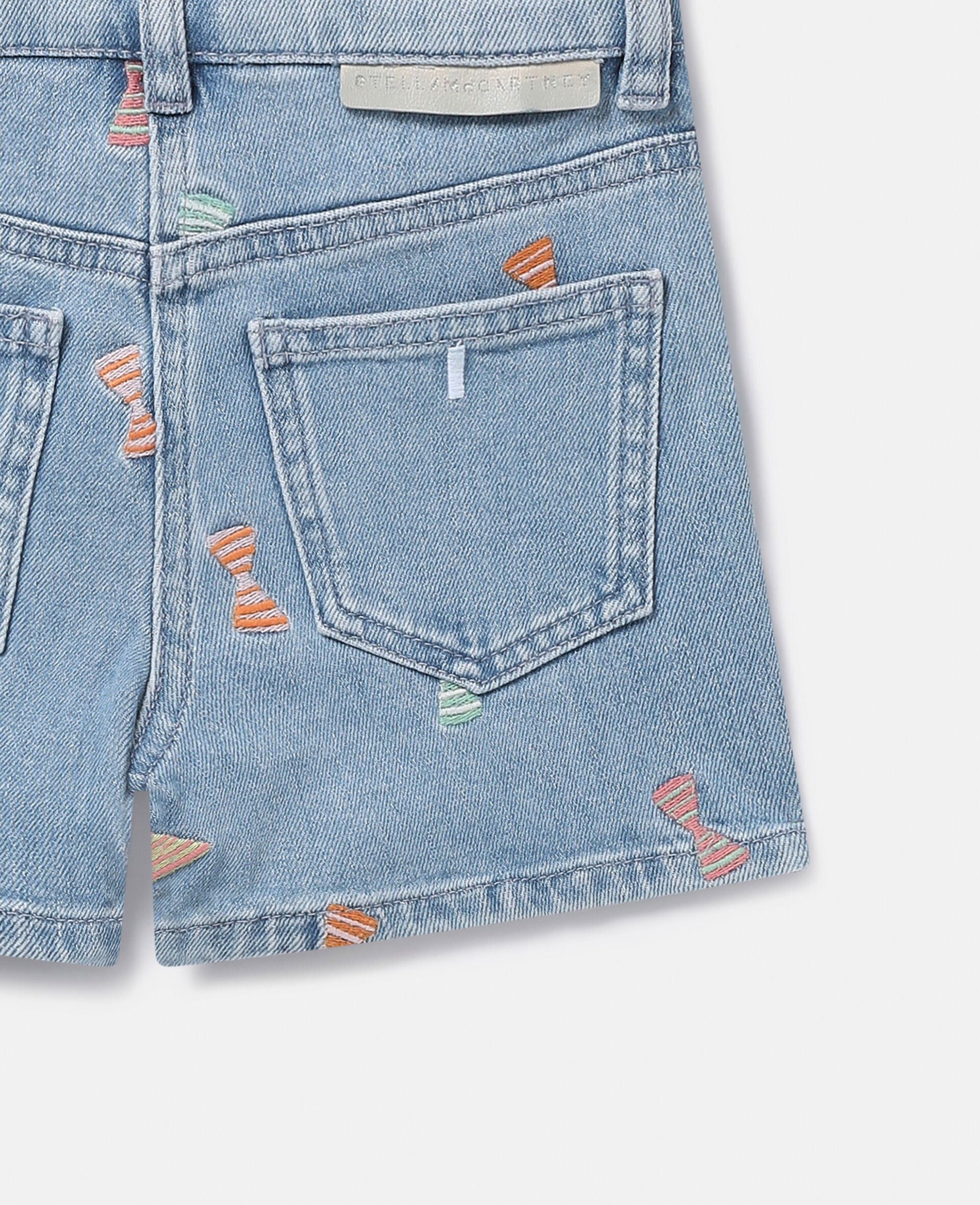 Striped Bow Print Denim Shorts-Blue-large image number 1