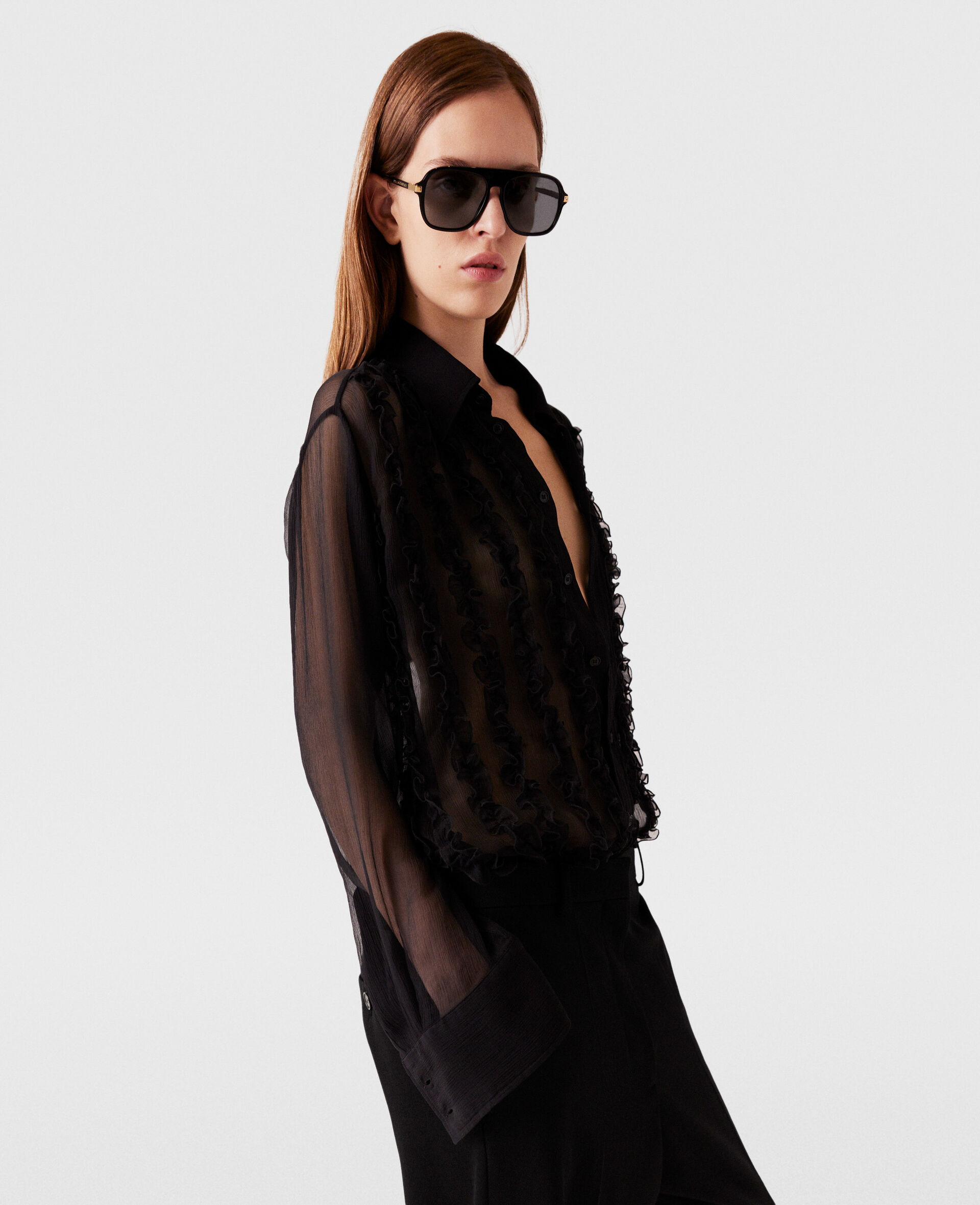 Sheer Ruffled Chiffon Shirt-Black-large image number 2