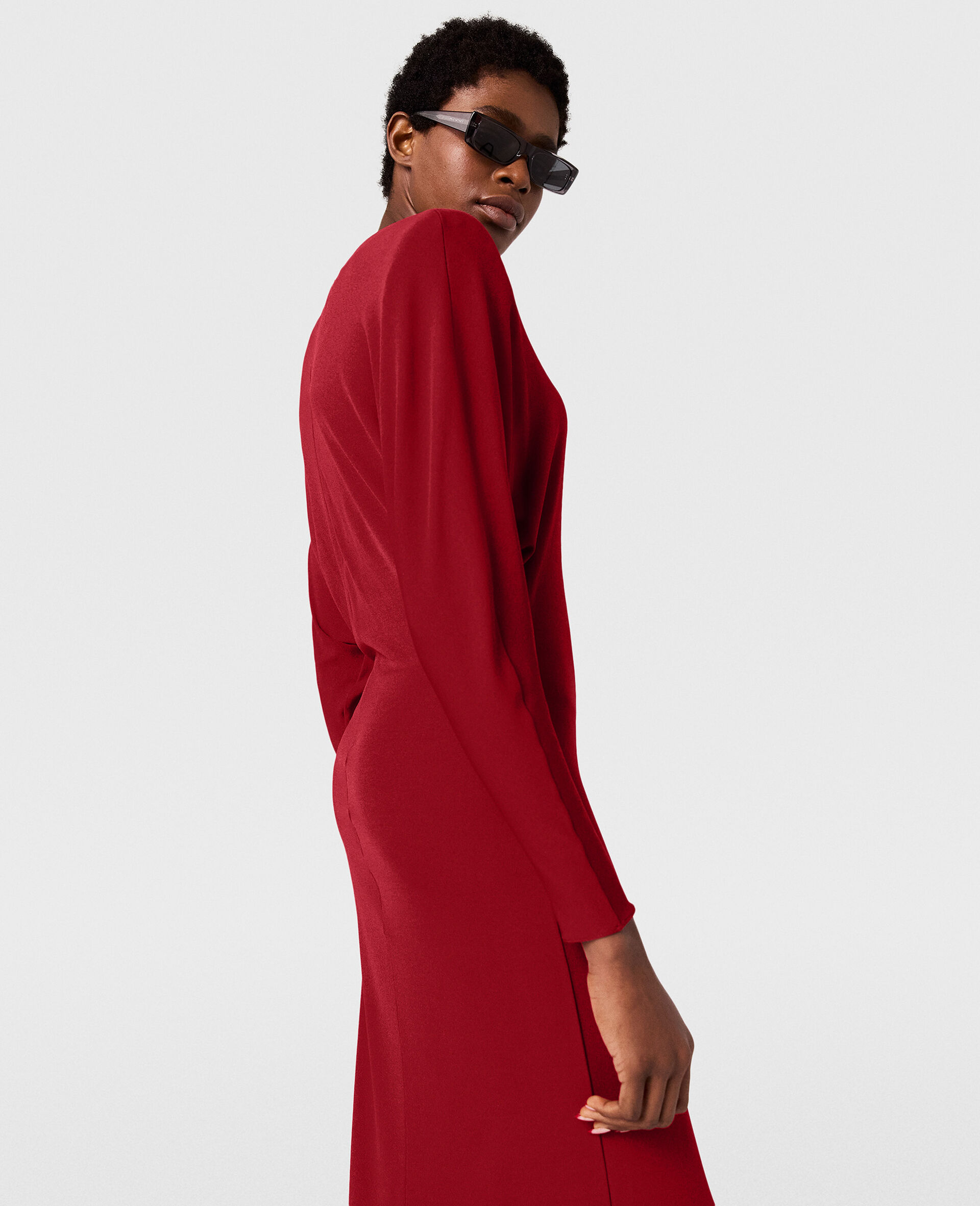 Shoulder Pad Long-Sleeved Midi Dress-Red-large image number 3