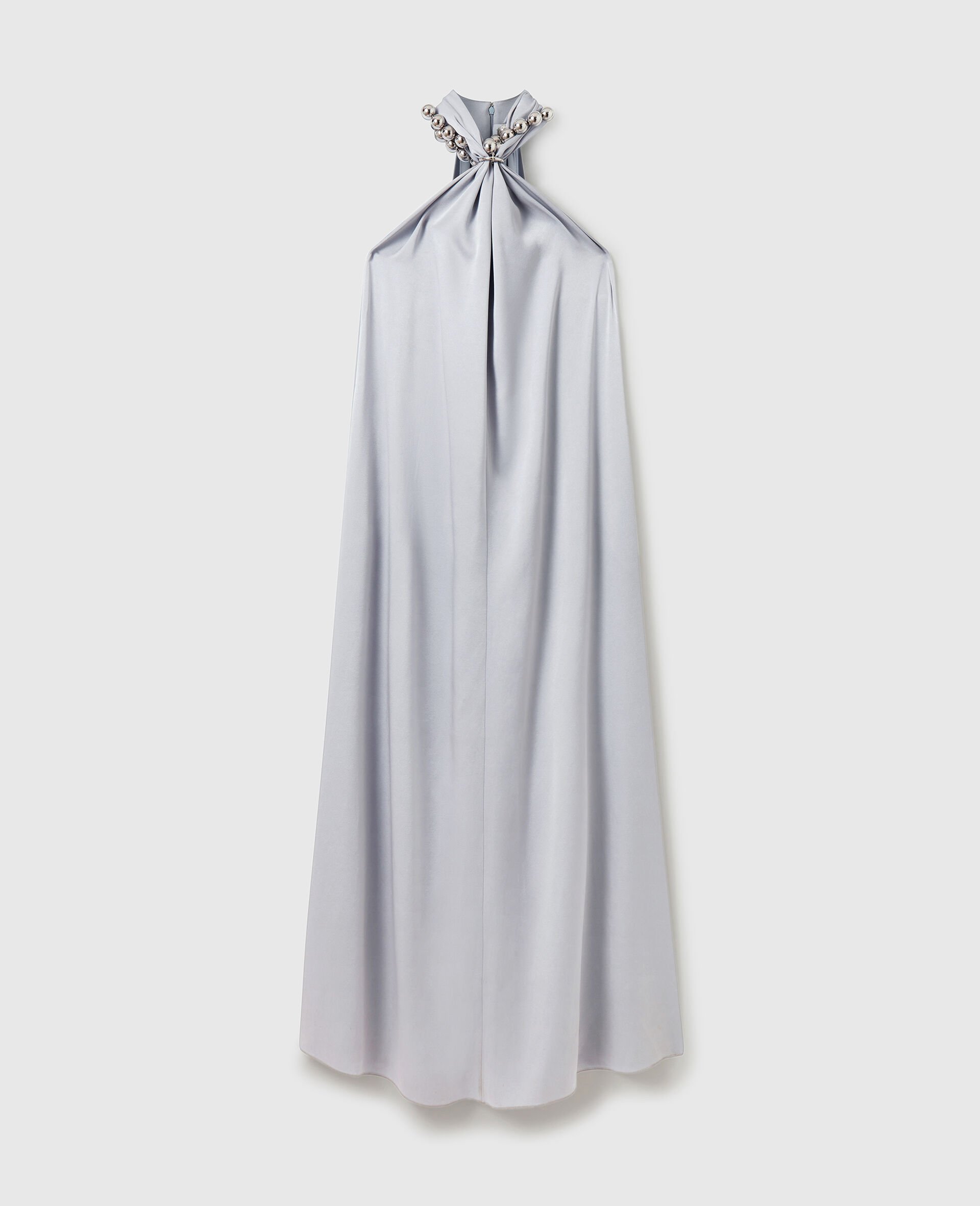 Robe longue en satin a dos nu et chainette perlee-Bleu-medium