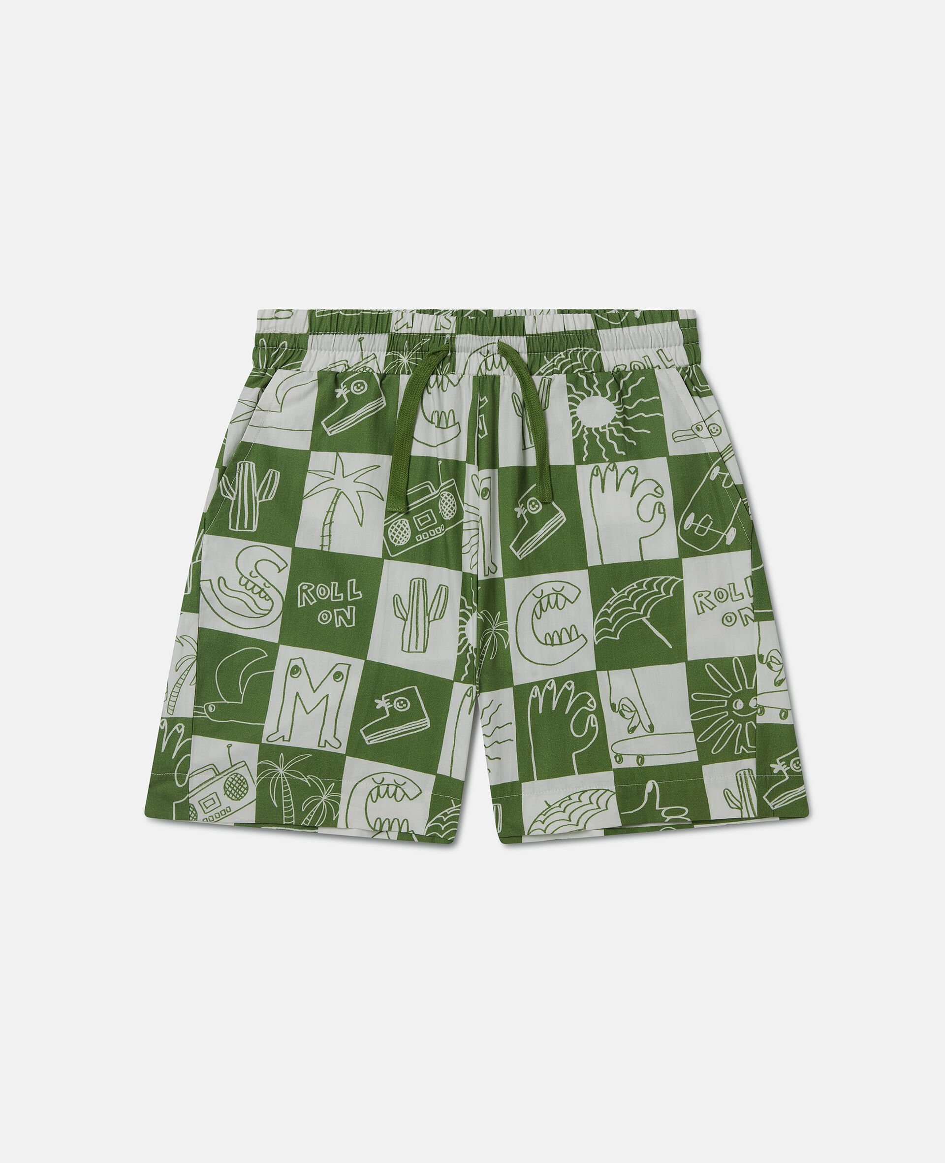 Pantaloncini con Scritta Marchio a Quadri-Verde-large image number 0