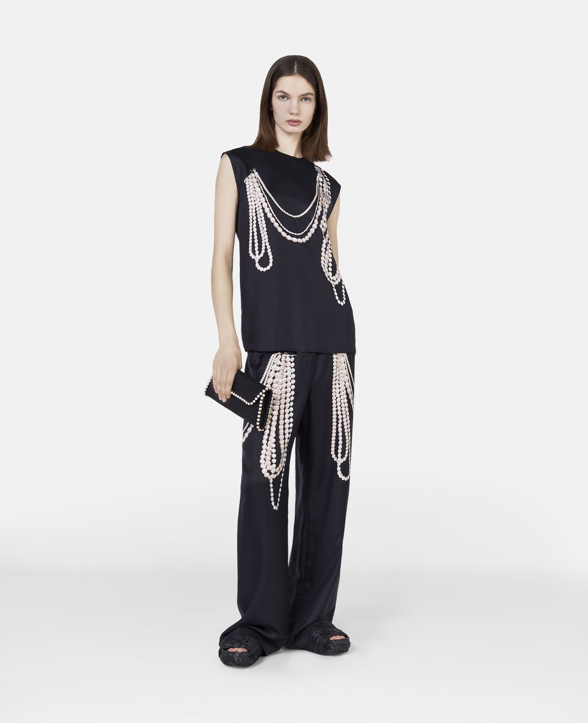 Pearl Trompe L’oeil Print Silk Sleeveless Top-Multicolour-model Pearl Trompe L’oeil Print Silk Sleeveless Top-Multicolour-model
