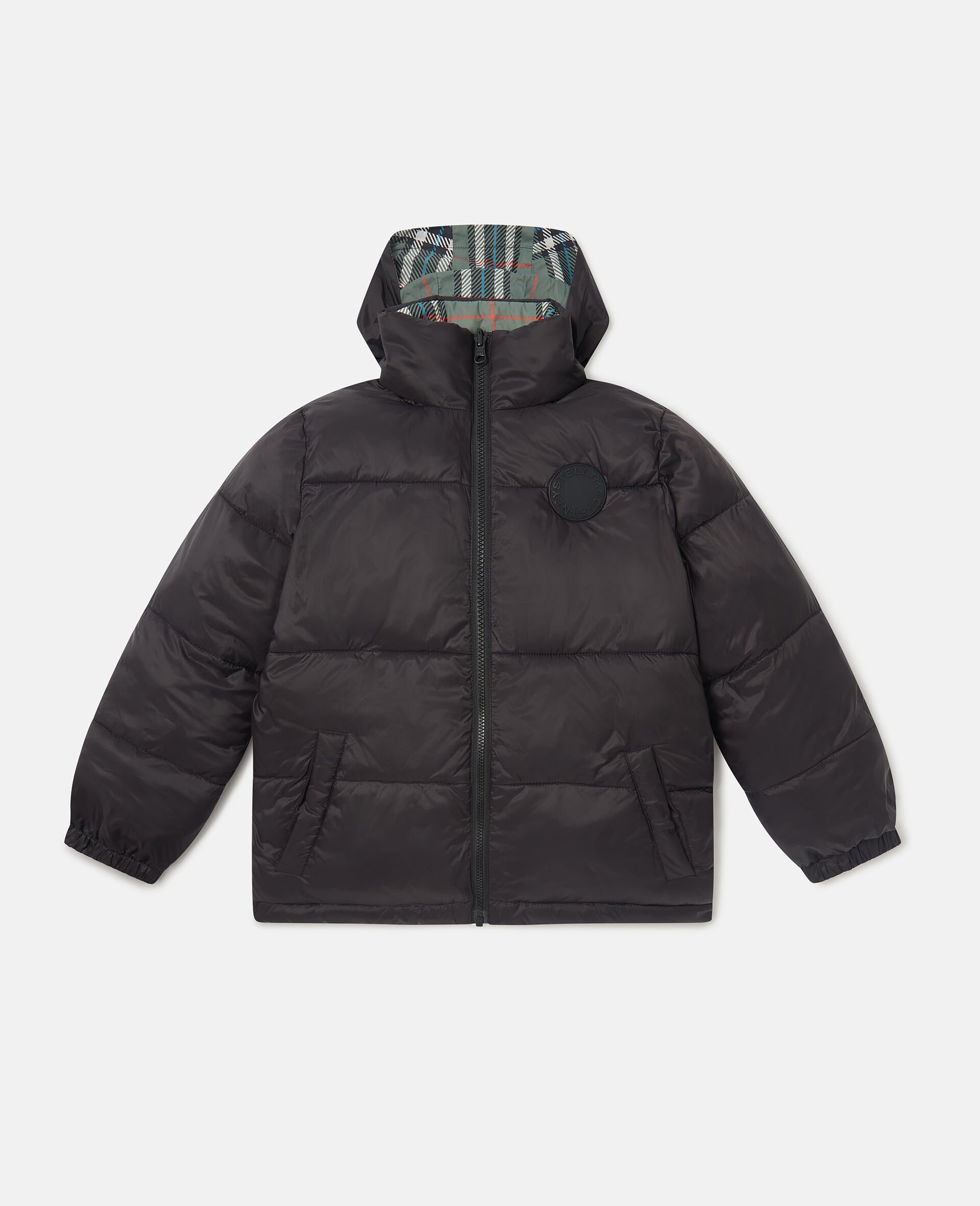 Check Lining High-Neck Puffer Coat-Green-large image number 4