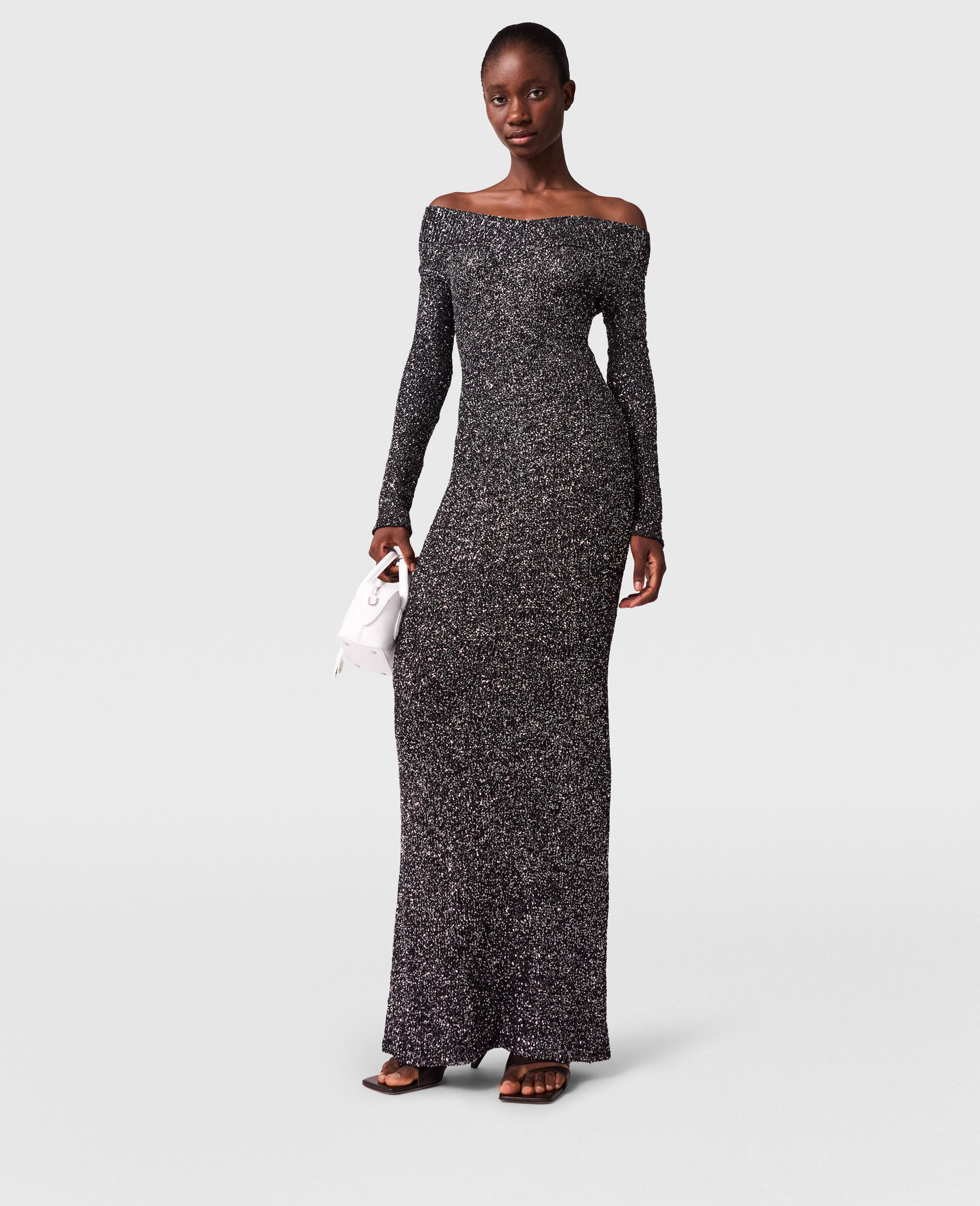 Sequin Off-Shoulder Floor-Length Dress-Black-model