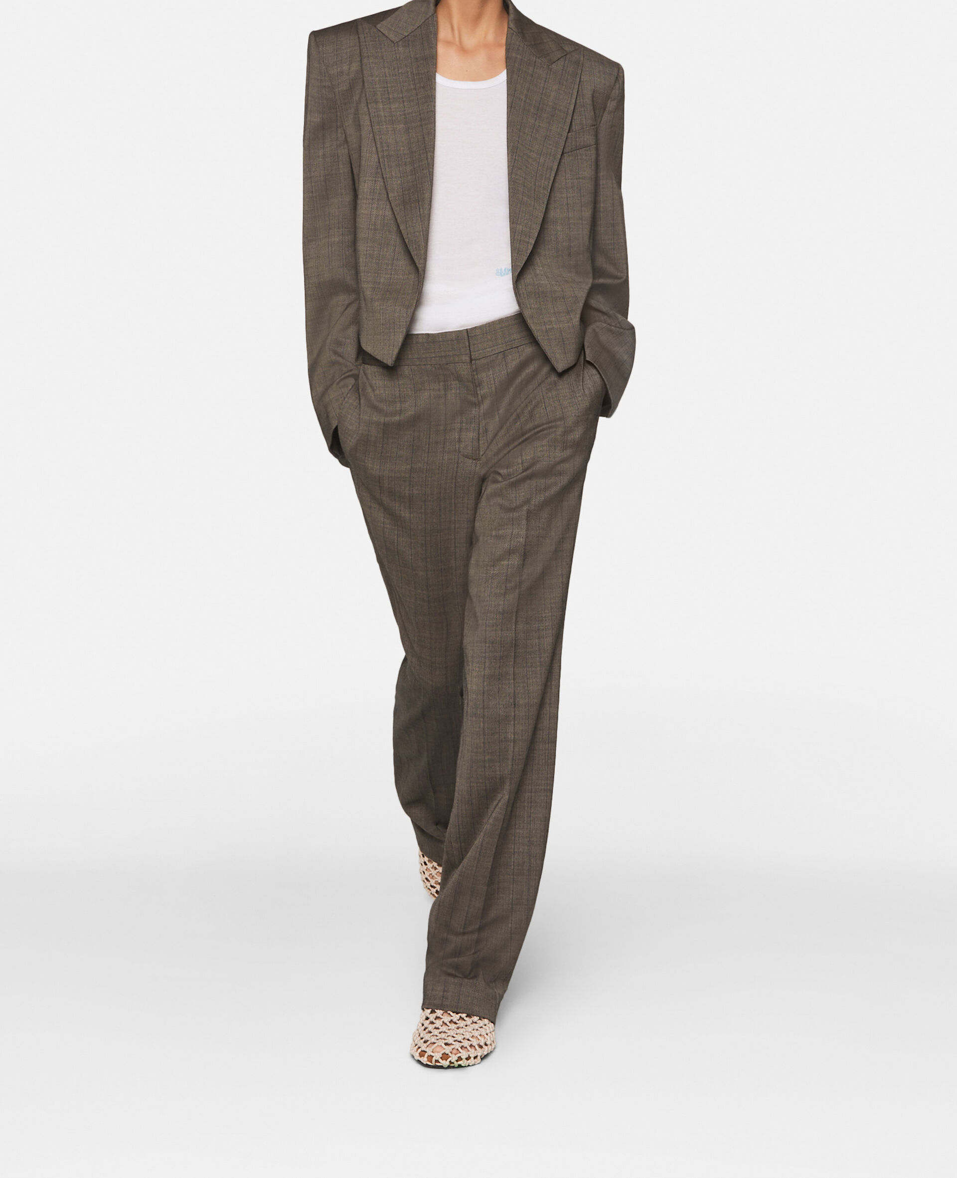 Cropped Pinstripe Wool Blazer -Grey-medium