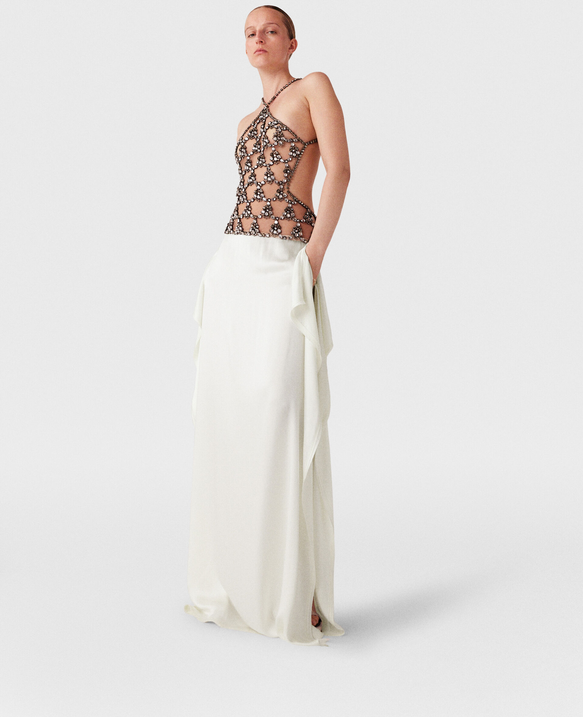Crystal Cage Halterneck Maxi Dress-Silver-model Crystal Cage Halterneck Maxi Dress-Silver-model
