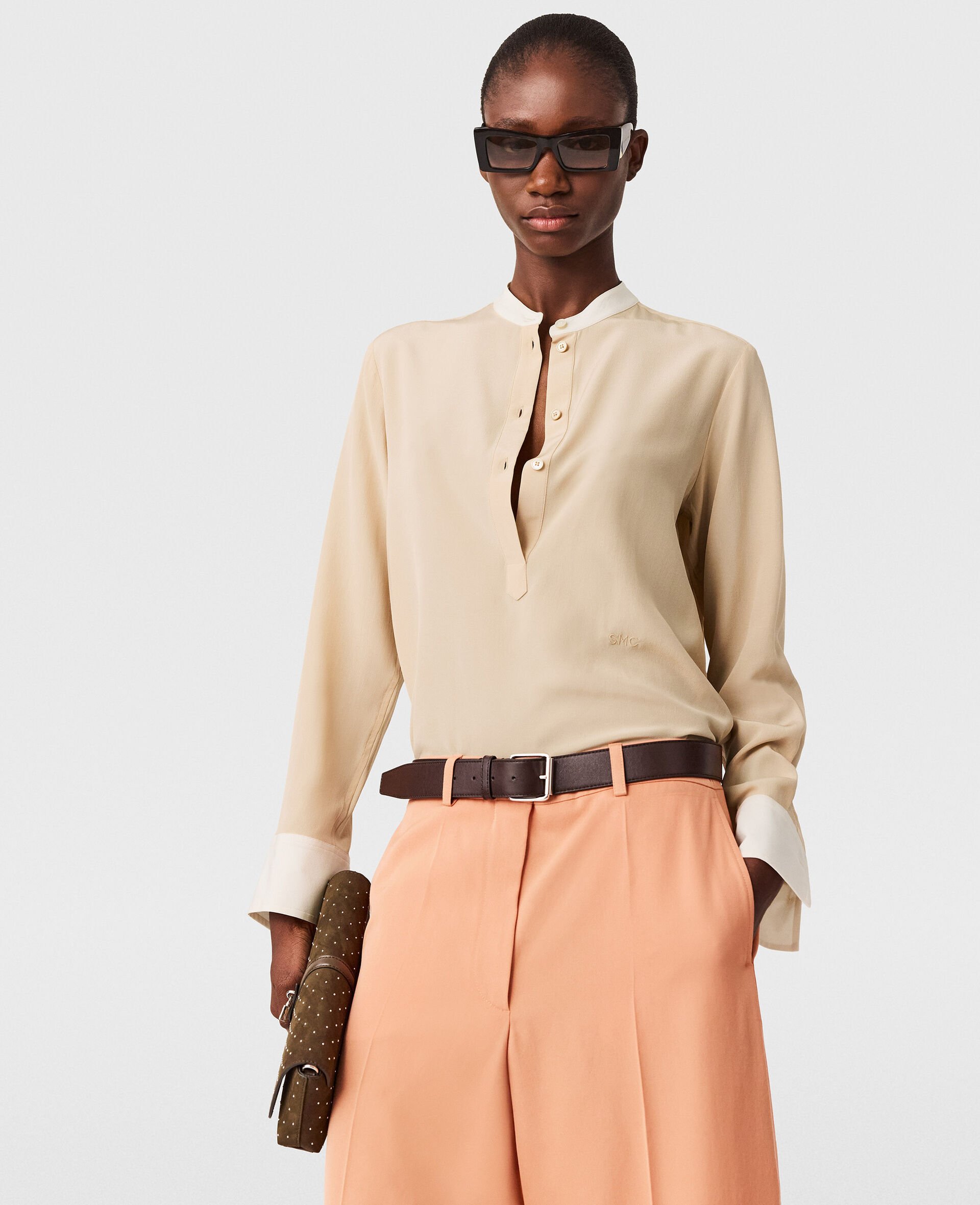 Contrast Panel Grandfather Collar Shirt-Brown-medium