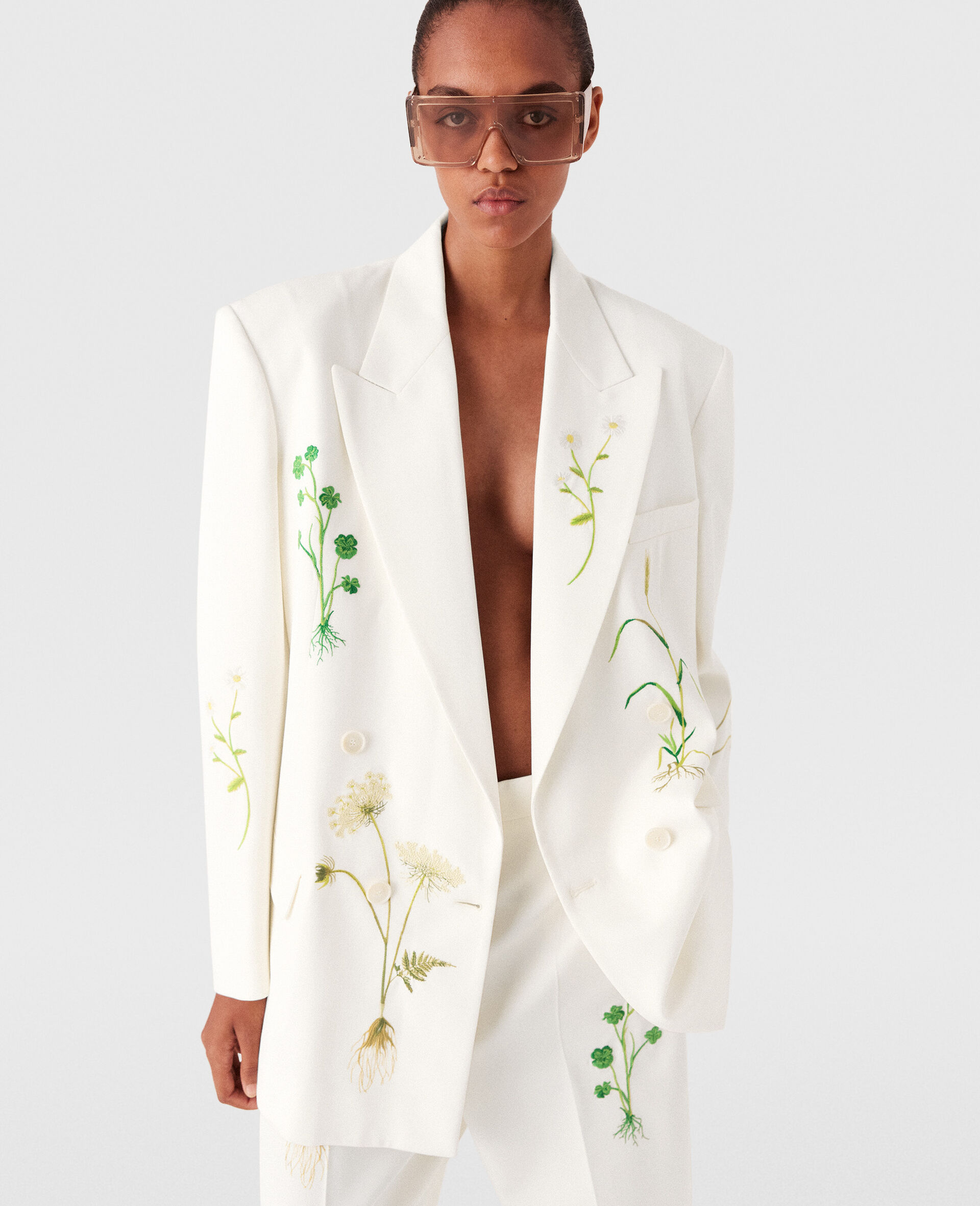 Oversized Floral Double-Breasted Blazer-Cream-large image number 1