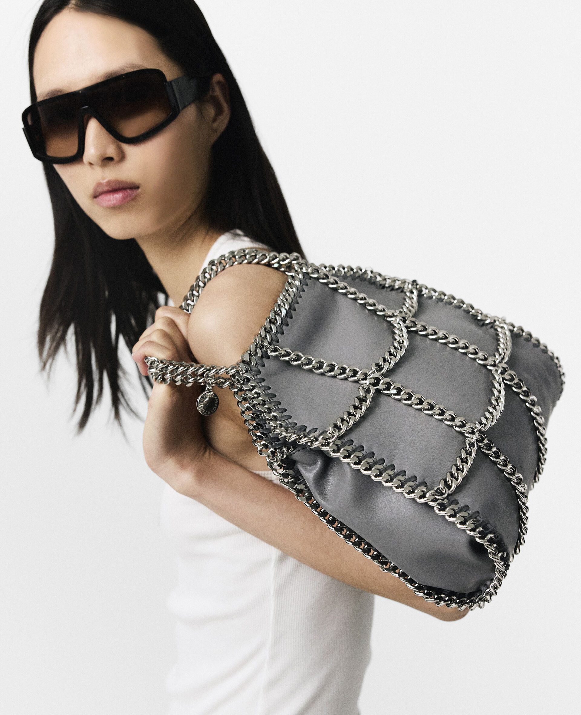 Limited-Edition Falabella Chain Cage Mini Tote Bag-Grey-model