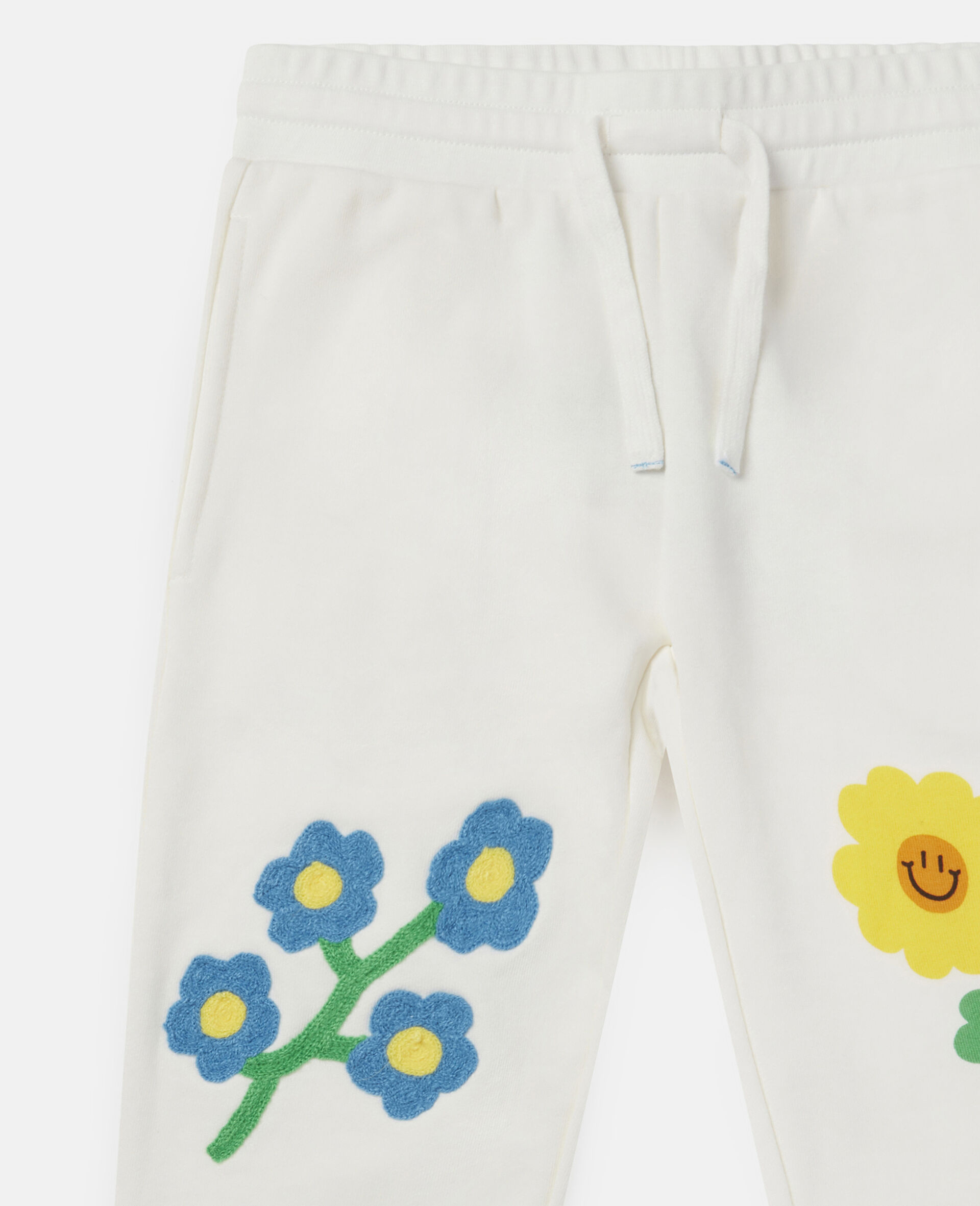 Flower Embroidered Cotton Fleece Joggers-White-large image number 1