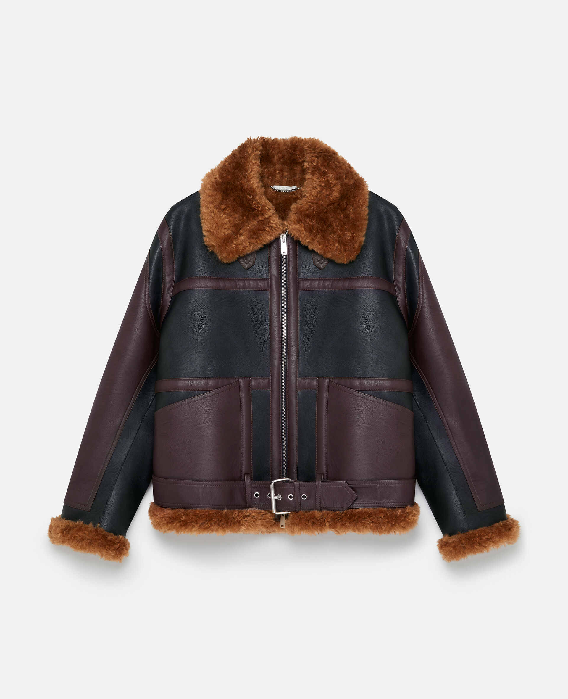 Plush Teddy Paneled Biker Jacket-Black-large image number 0