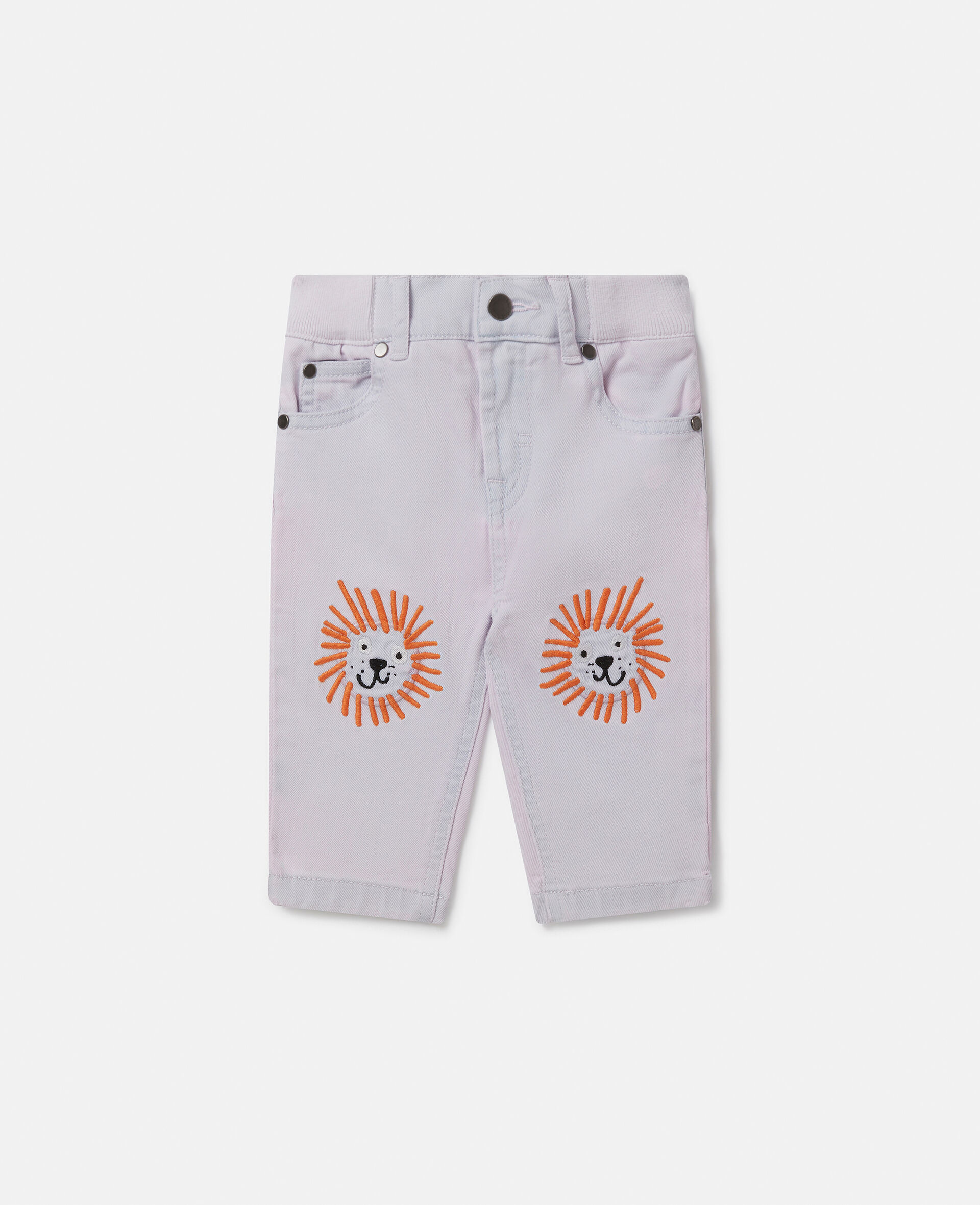 Lion Embroidery Knee Patch Slim Fit Jeans-White-large image number 0
