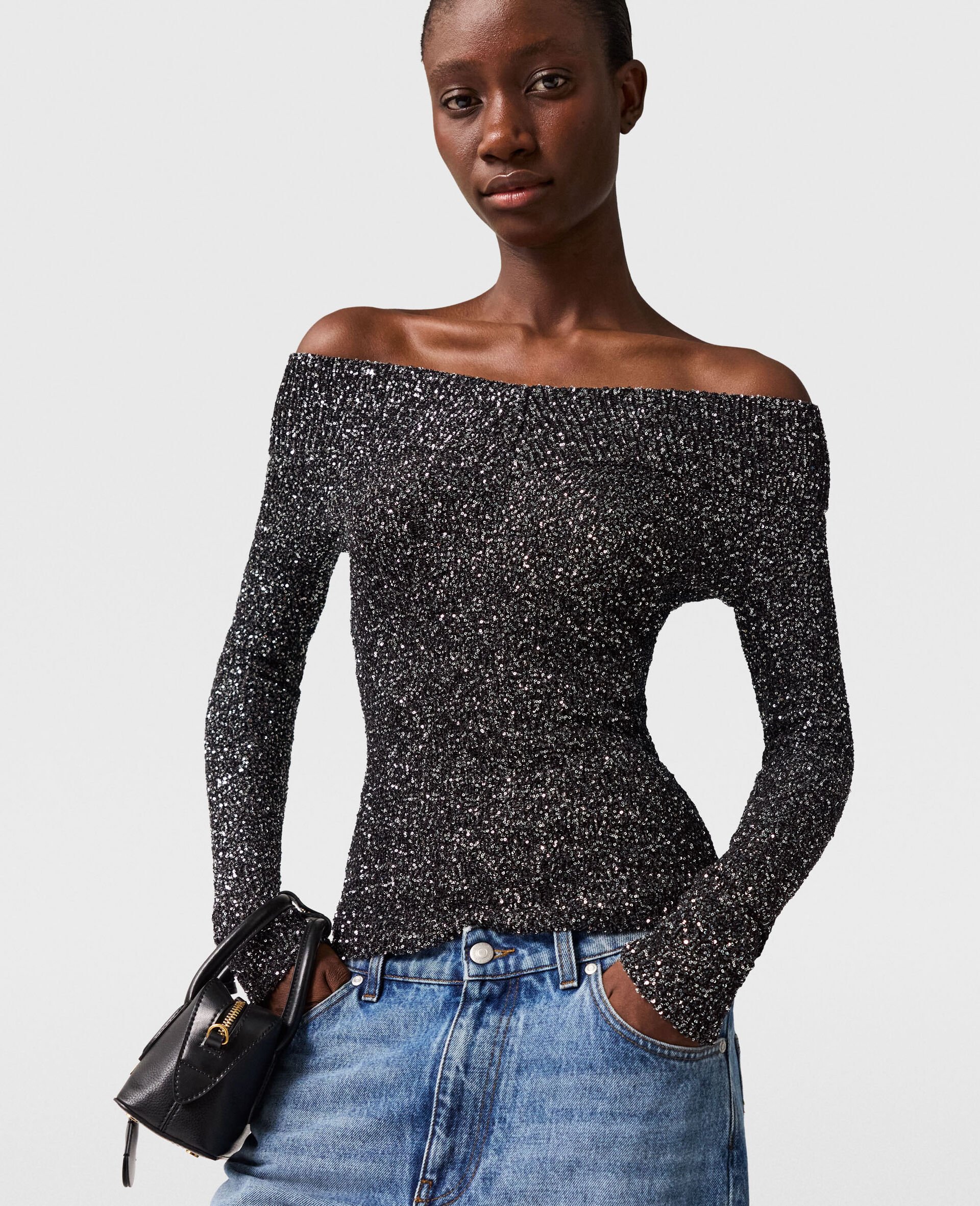 Sequin Off-Shoulder Sweater-Black-model