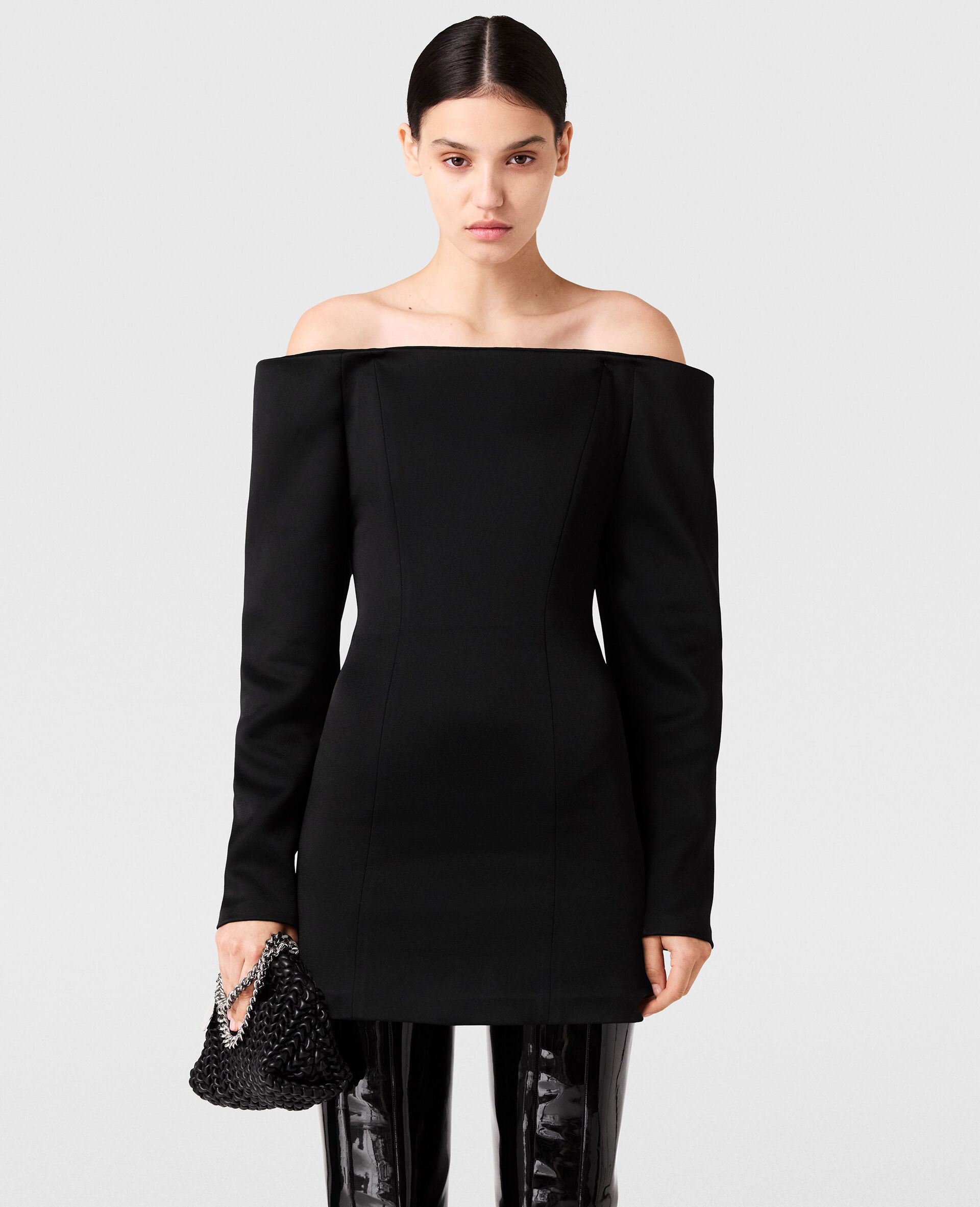Off-Shoulder Long-Sleeve Mini Dress-Black-model