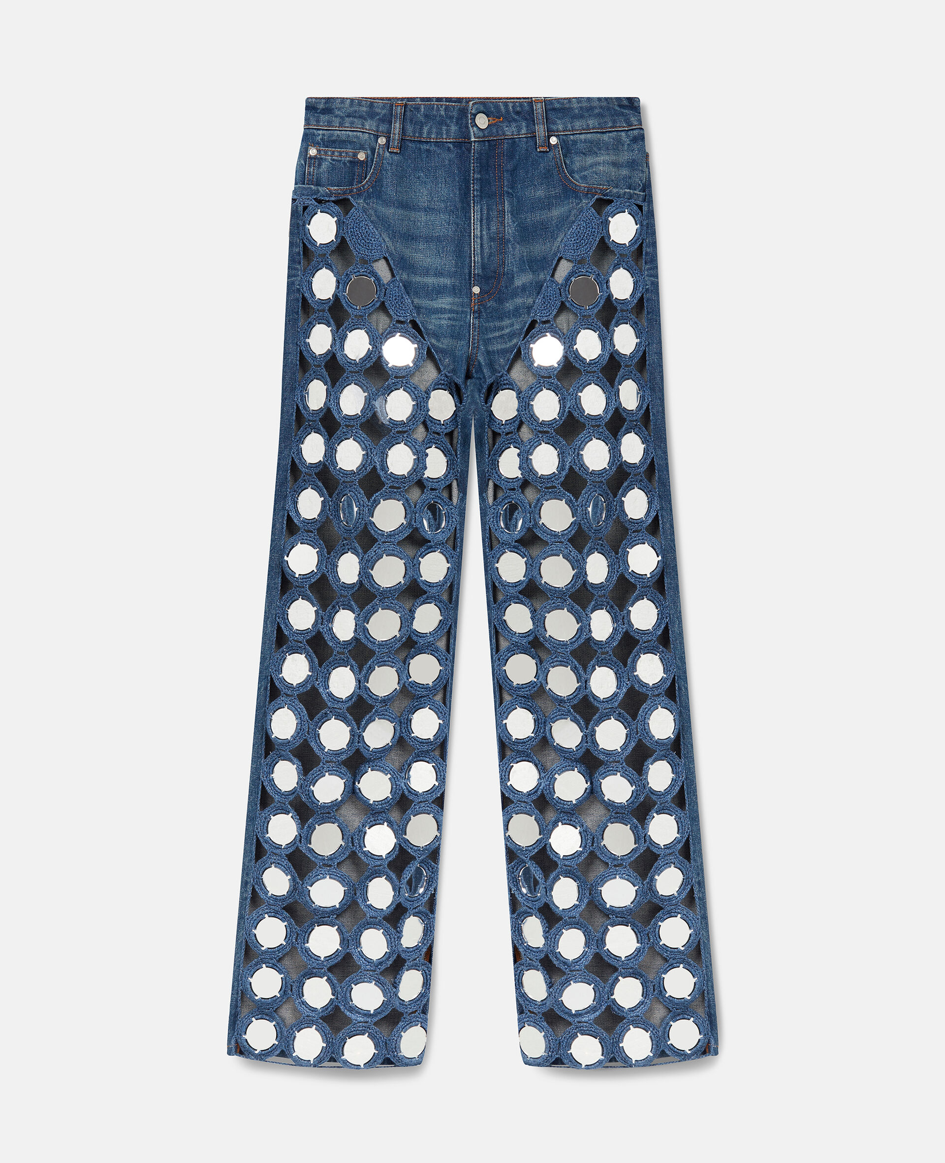 Jeans a vita alta decorati con specchietti-Blu-medium