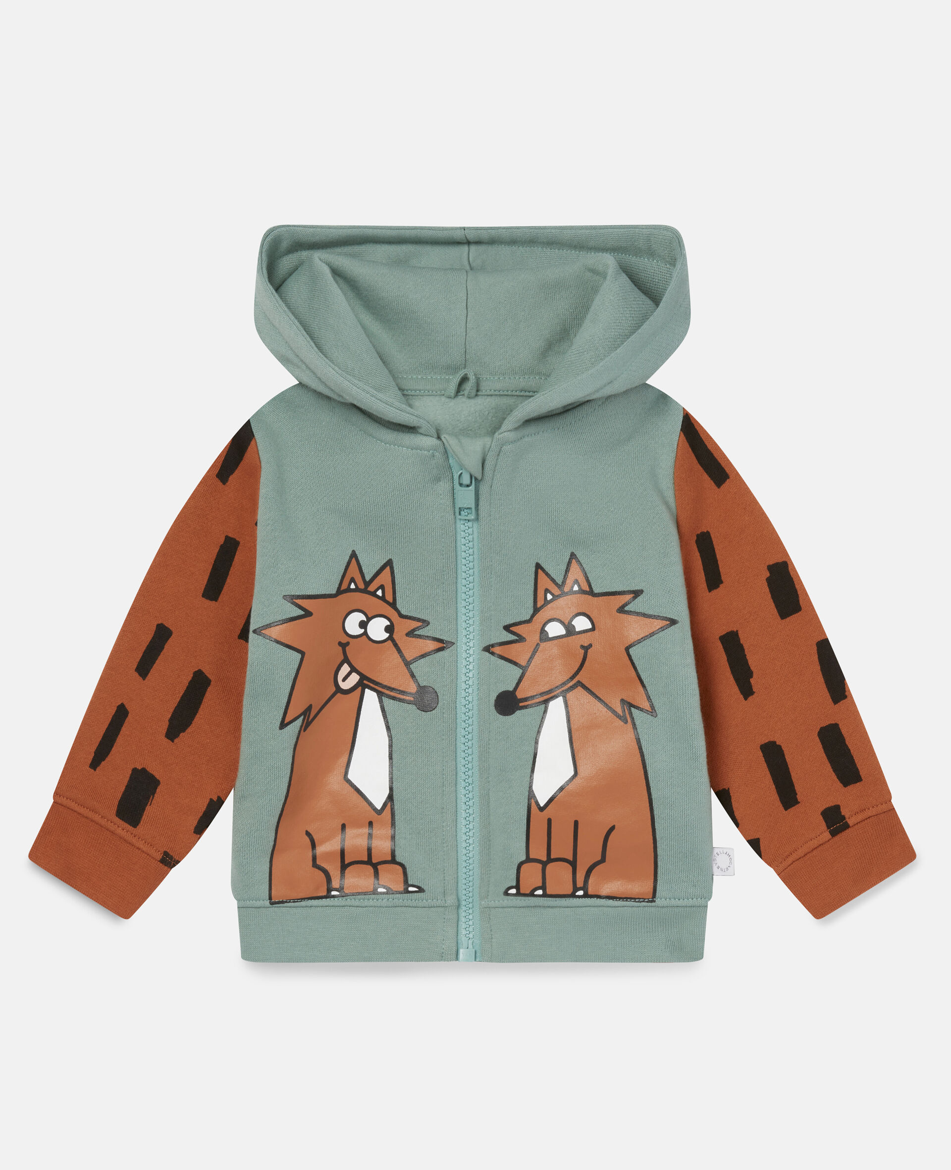 Cotton Dotted Fox Print Zip Hoodie-Green-large image number 0