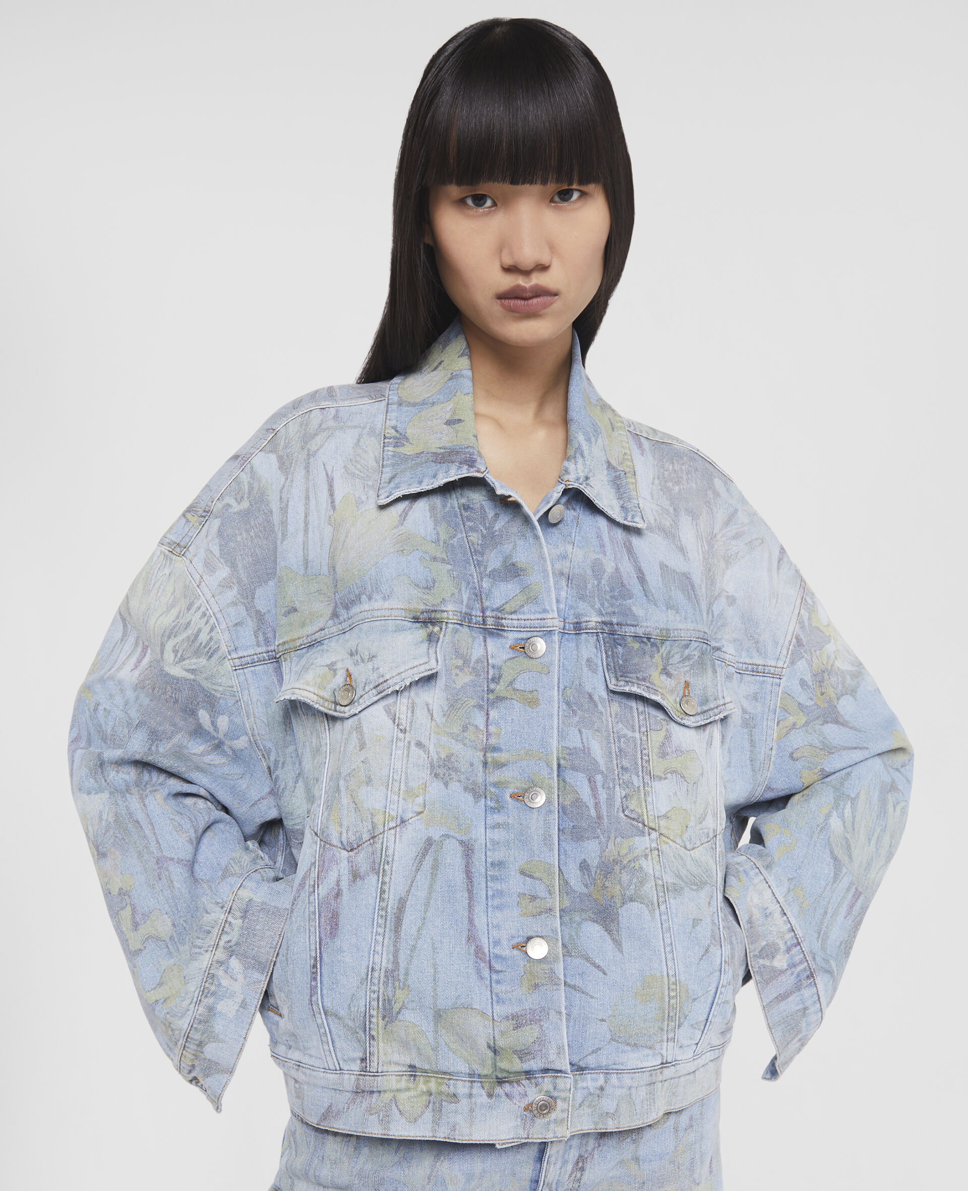 Women Printed Blue Rewild Flora Print Oversized Denim Jacket Stella