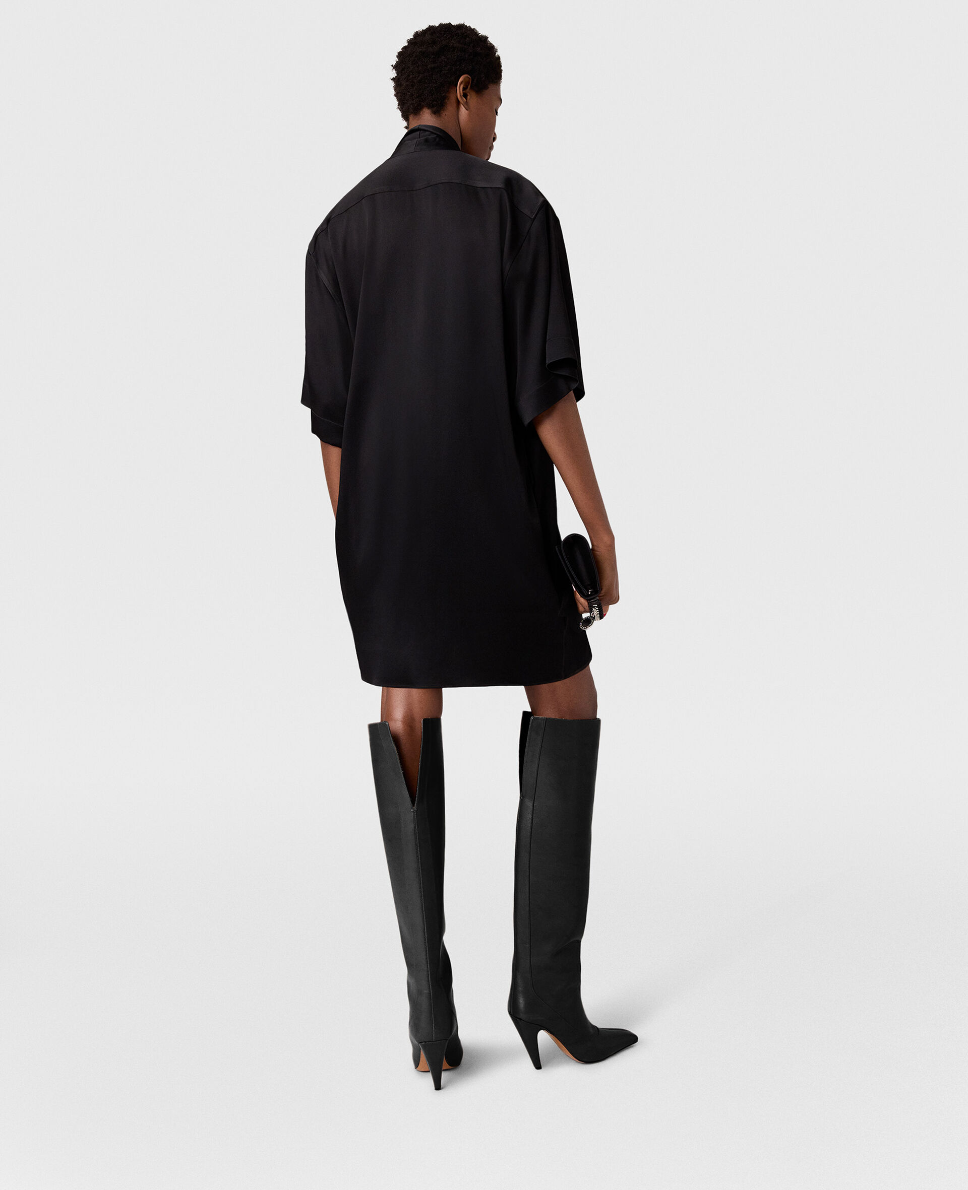 Tie Neck Mini Dress-Black-large image number 4