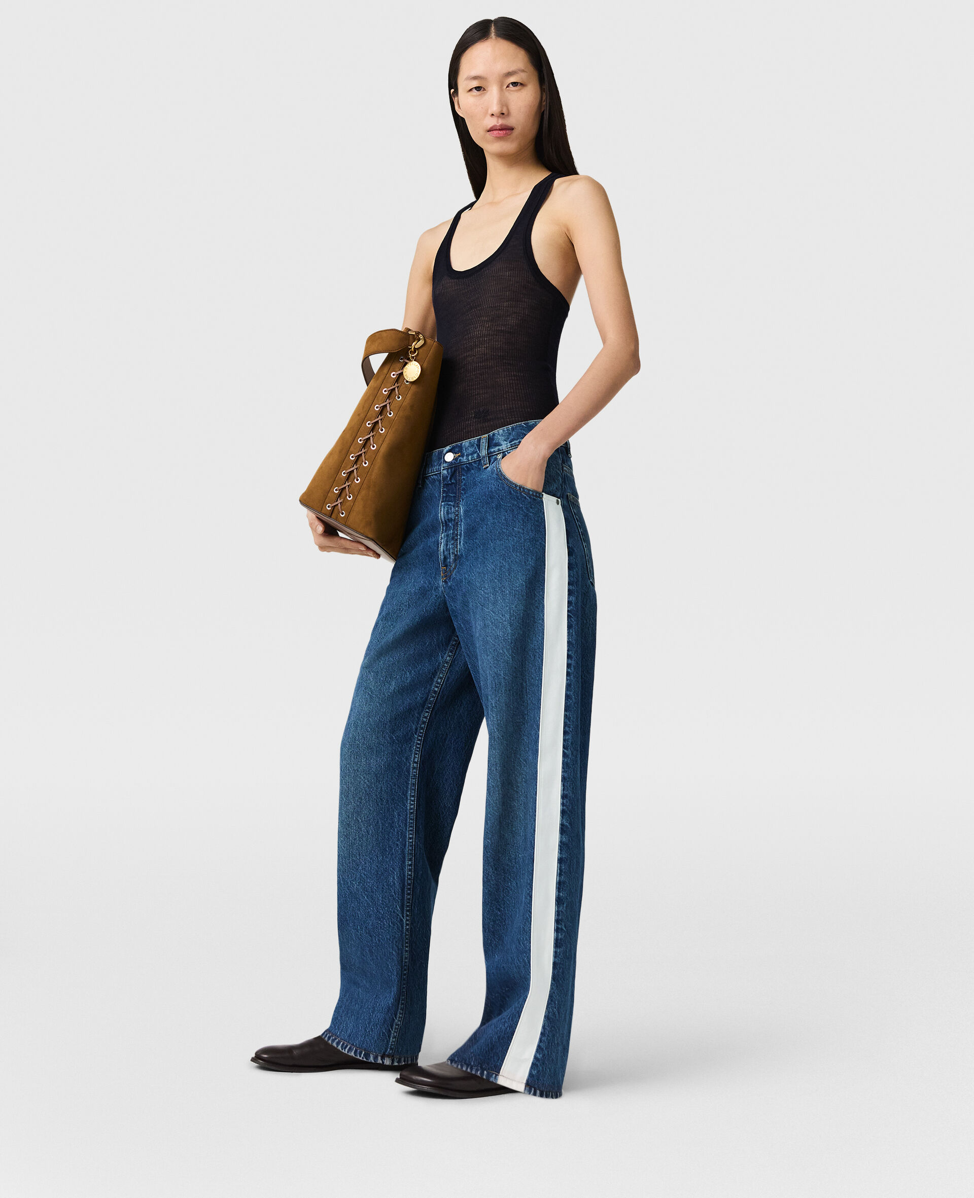 Side Stripe Straight Leg Jeans-Blue-model