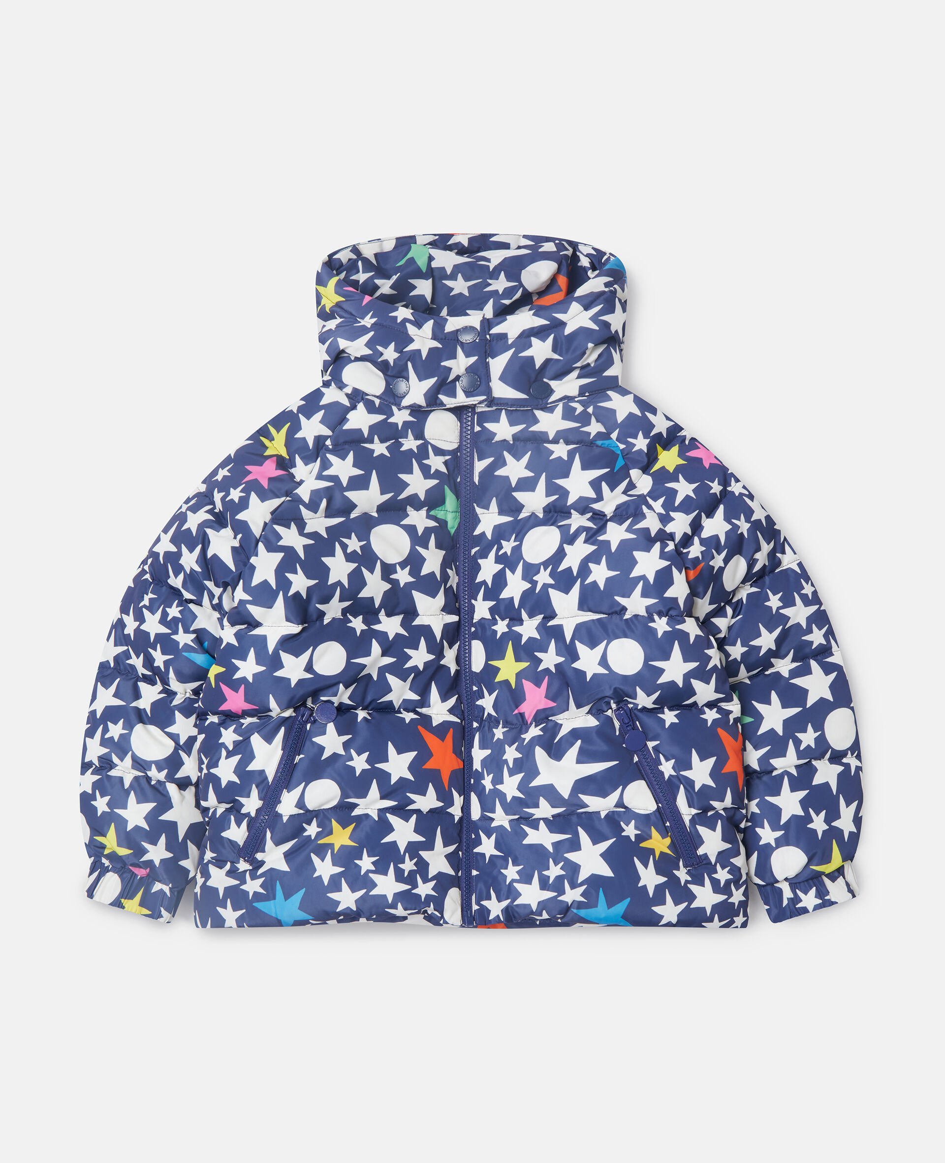 Star Print Hooded Puffer Coat-Blue-medium