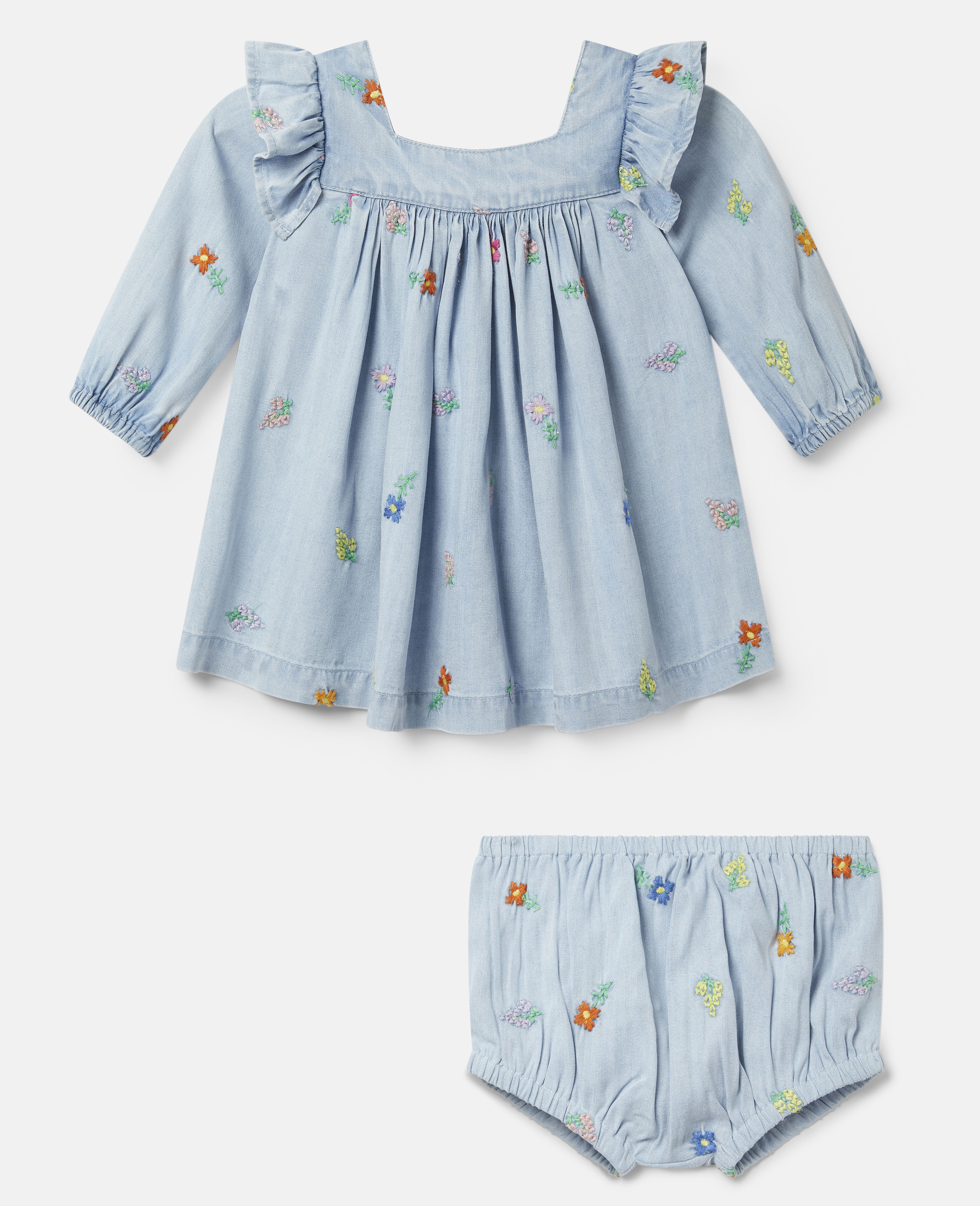 denim dress with embroidered flowers