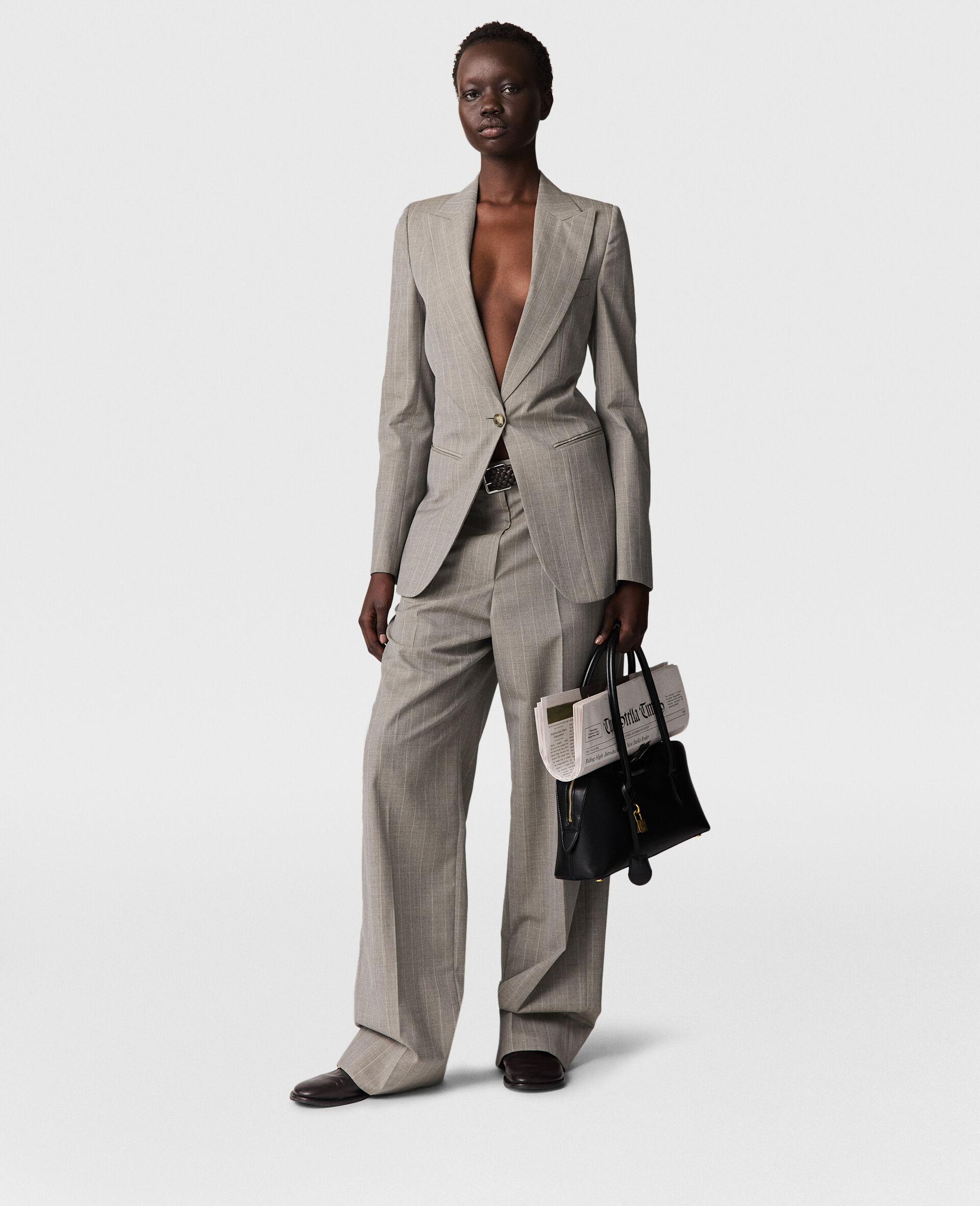 Tapered Slim-Leg Pinstripe Pants-Grey-model