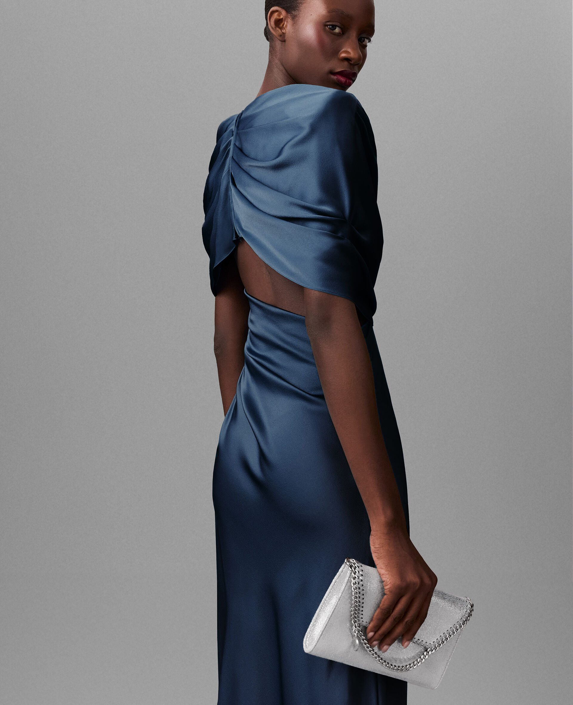 Satin Wrapped Short-Sleeve Maxi Dress-Blue-large image number 2