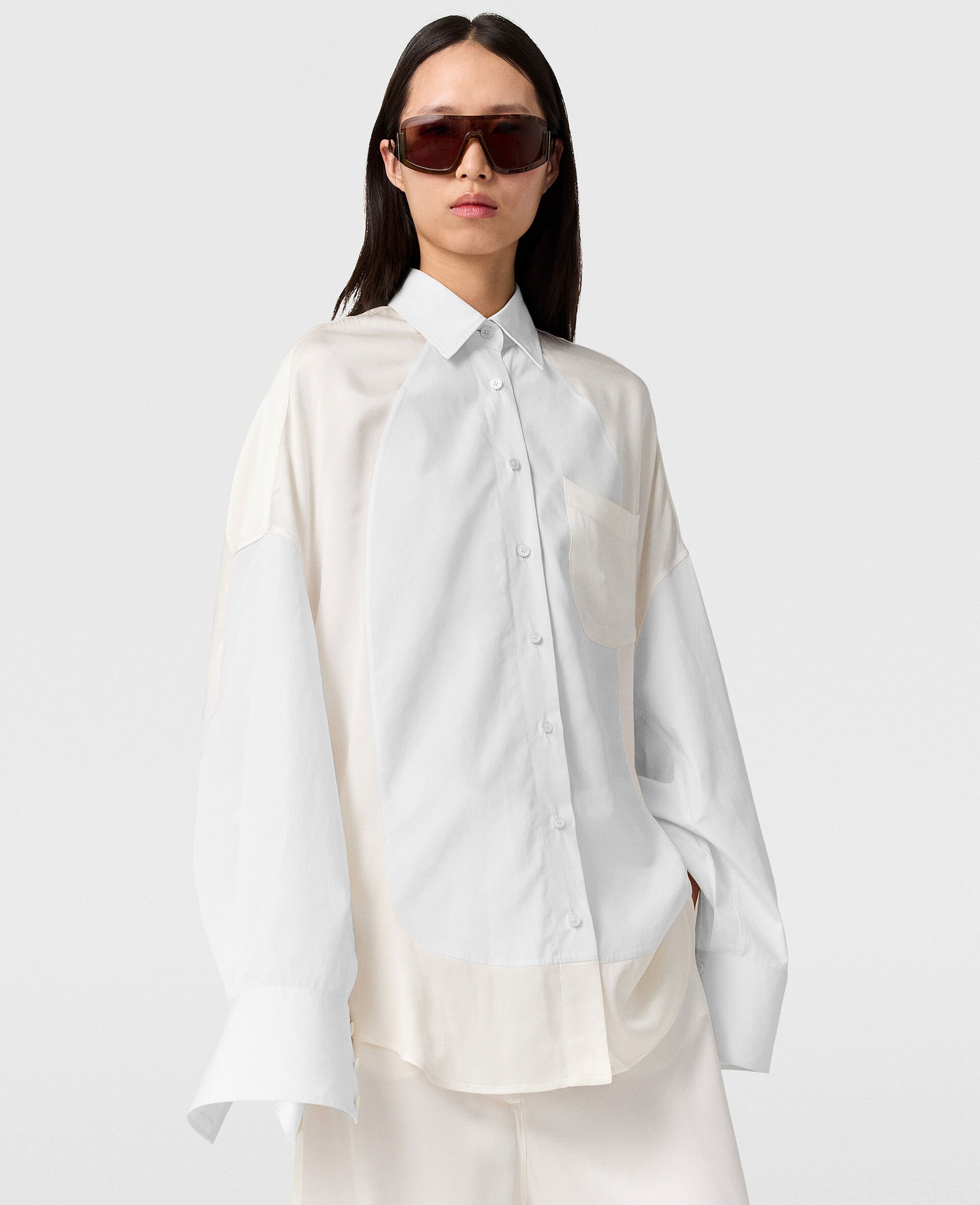 Satin Paneled Oversized Shirt-White-model