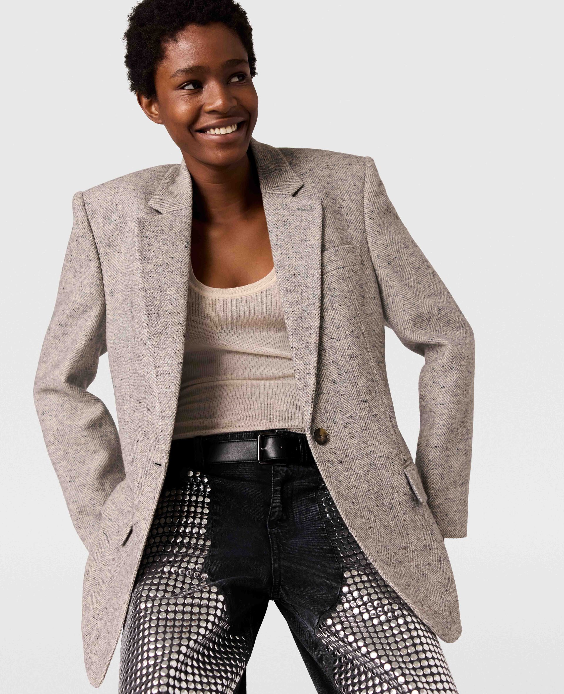 Single-Breasted Herringbone Blazer-Grey-model