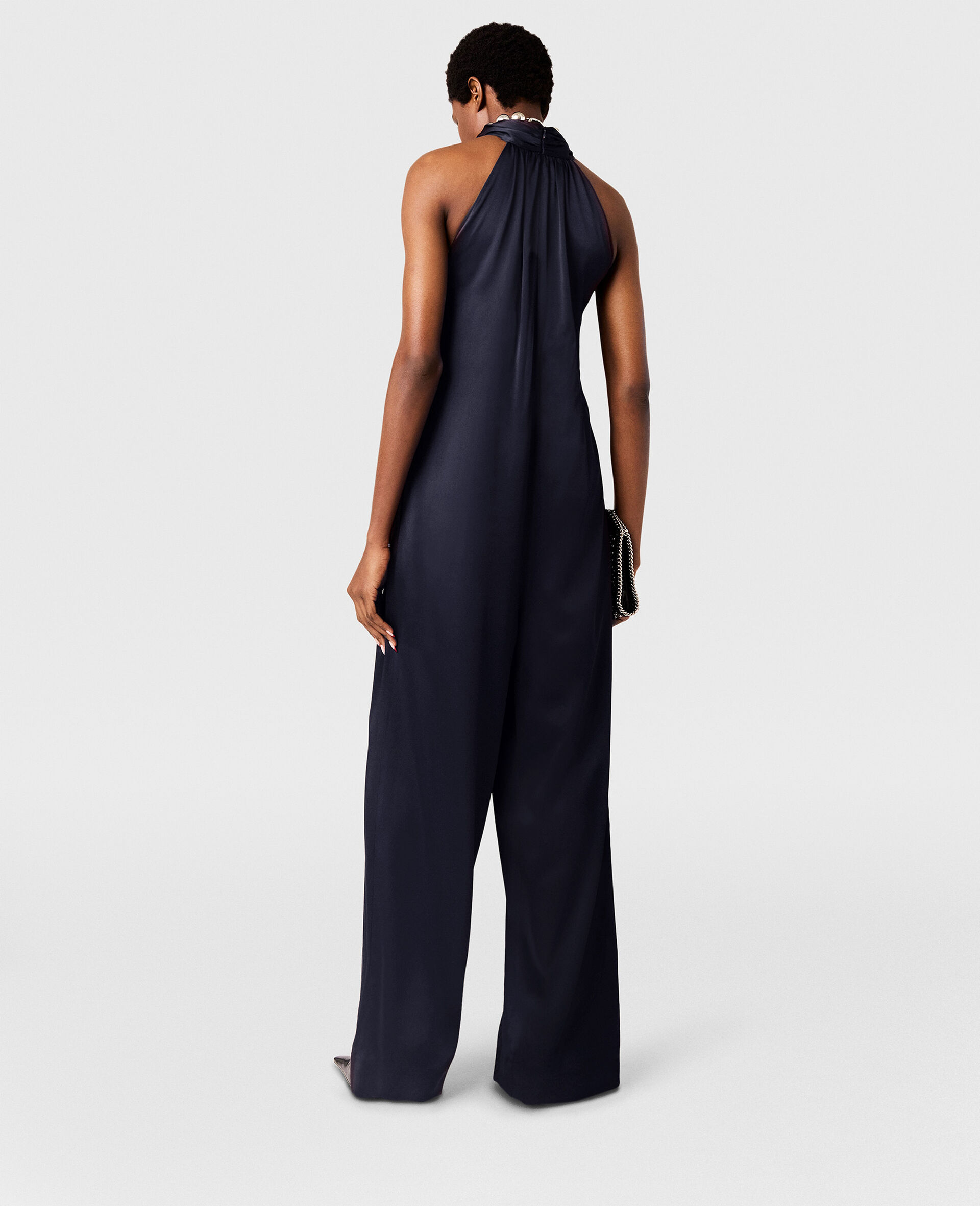 Ball-Chain Halterneck Satin Jumpsuit-Blue-large image number 3