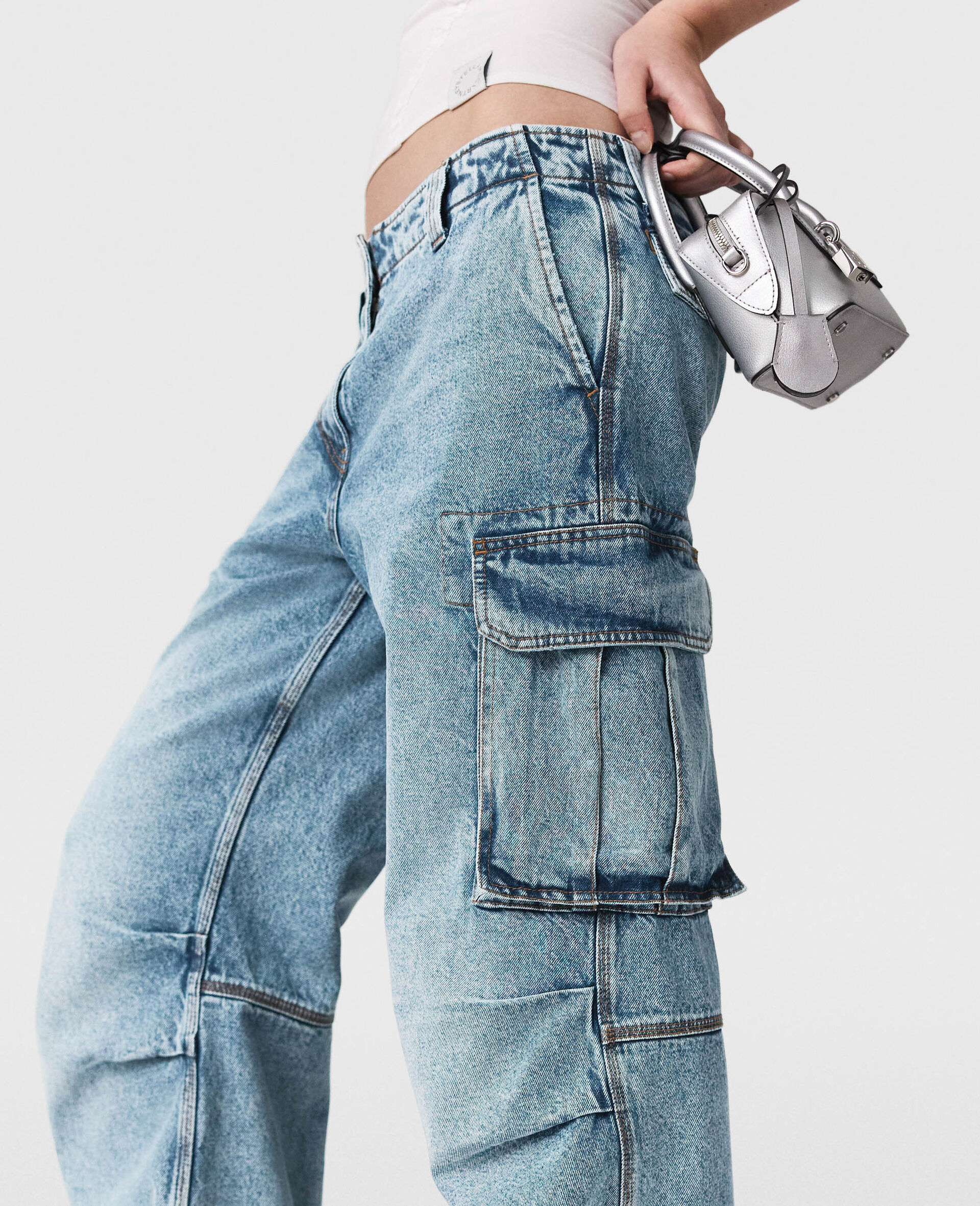 Jean cargo en denim a delavage vintage-Bleu-large image number 3