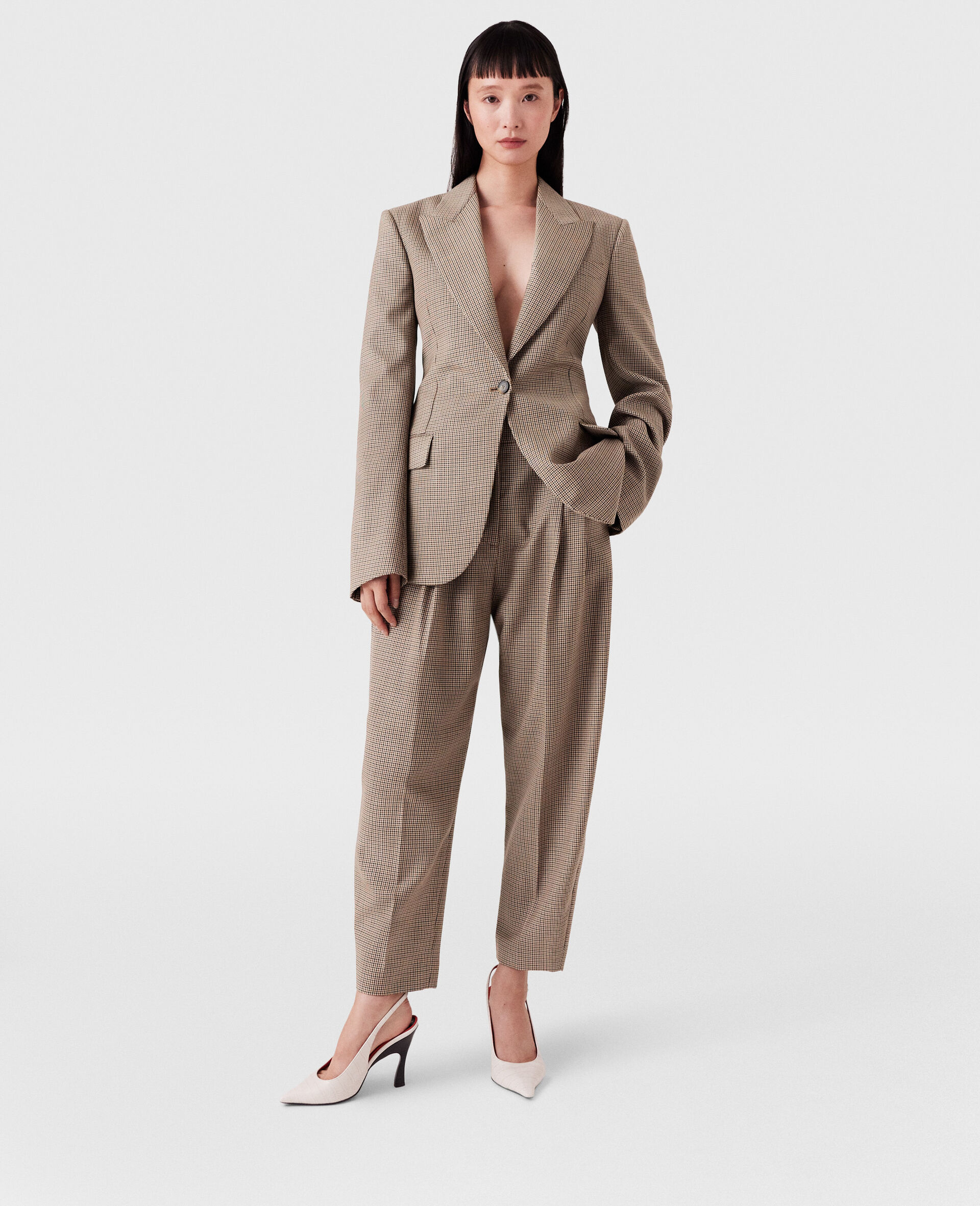 Blazer oversize a simple boutonnage en tissu pied de poule-Marron-large image number 6