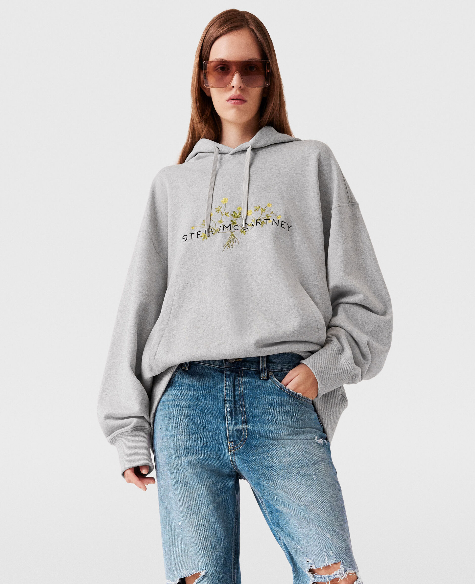 Floral Embroidered Logo Hoodie-Grey-model