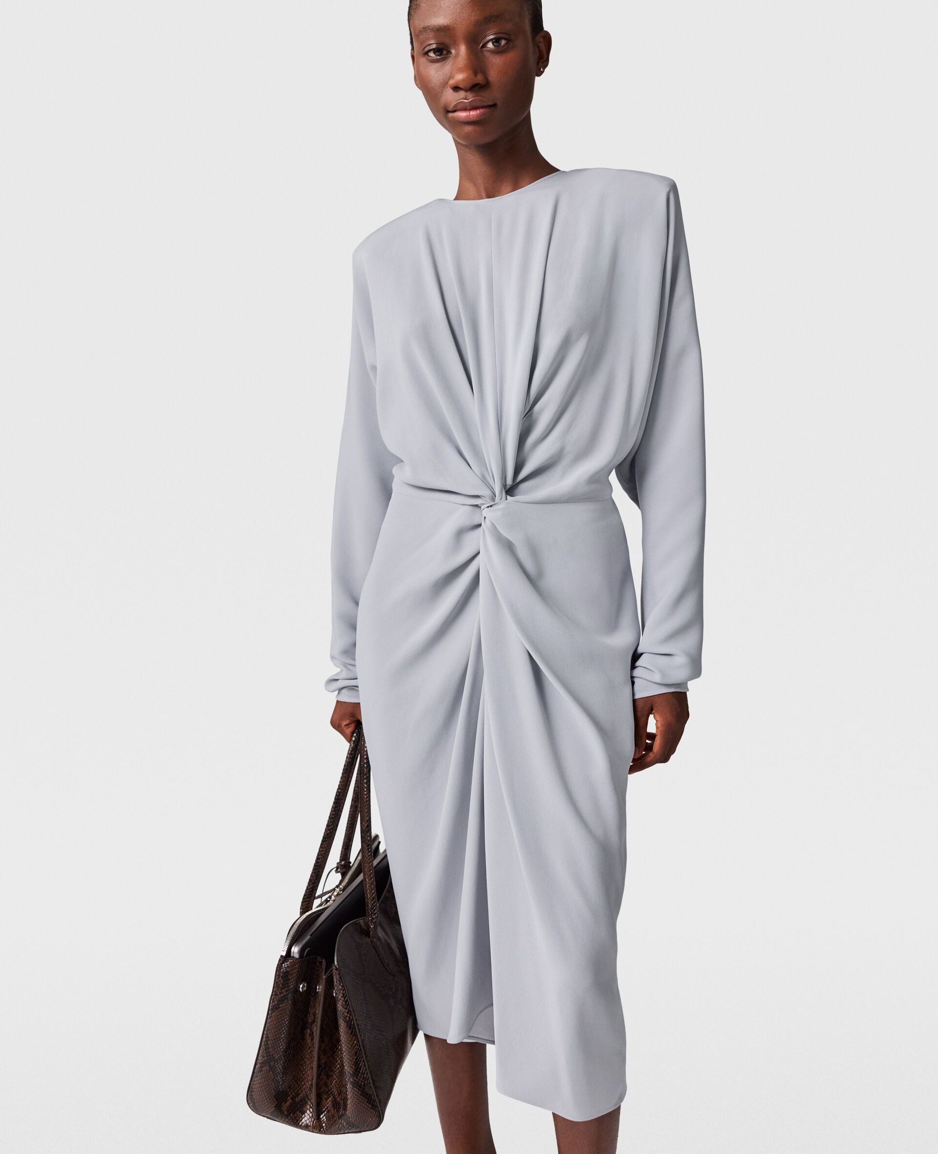 Robe midi à manches longues et nouée sur le devant-Bleu-model