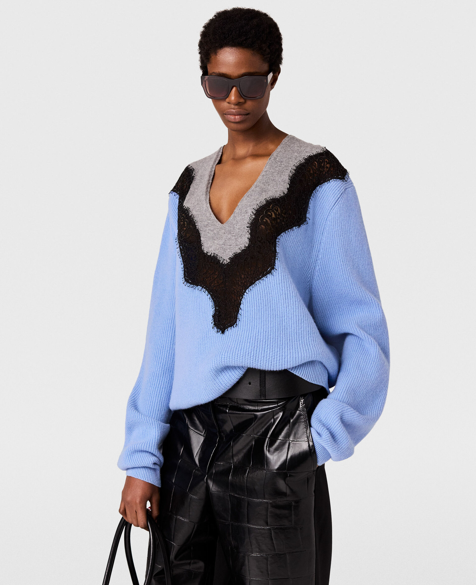 Lace Insert Long Sleeved Sweater-Blue-medium