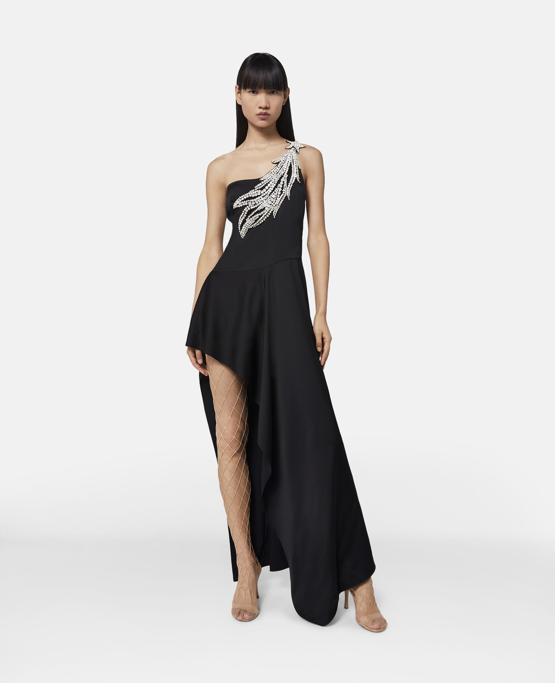 Crystal Strass Star Asymmetric Midi Dress-Black-model