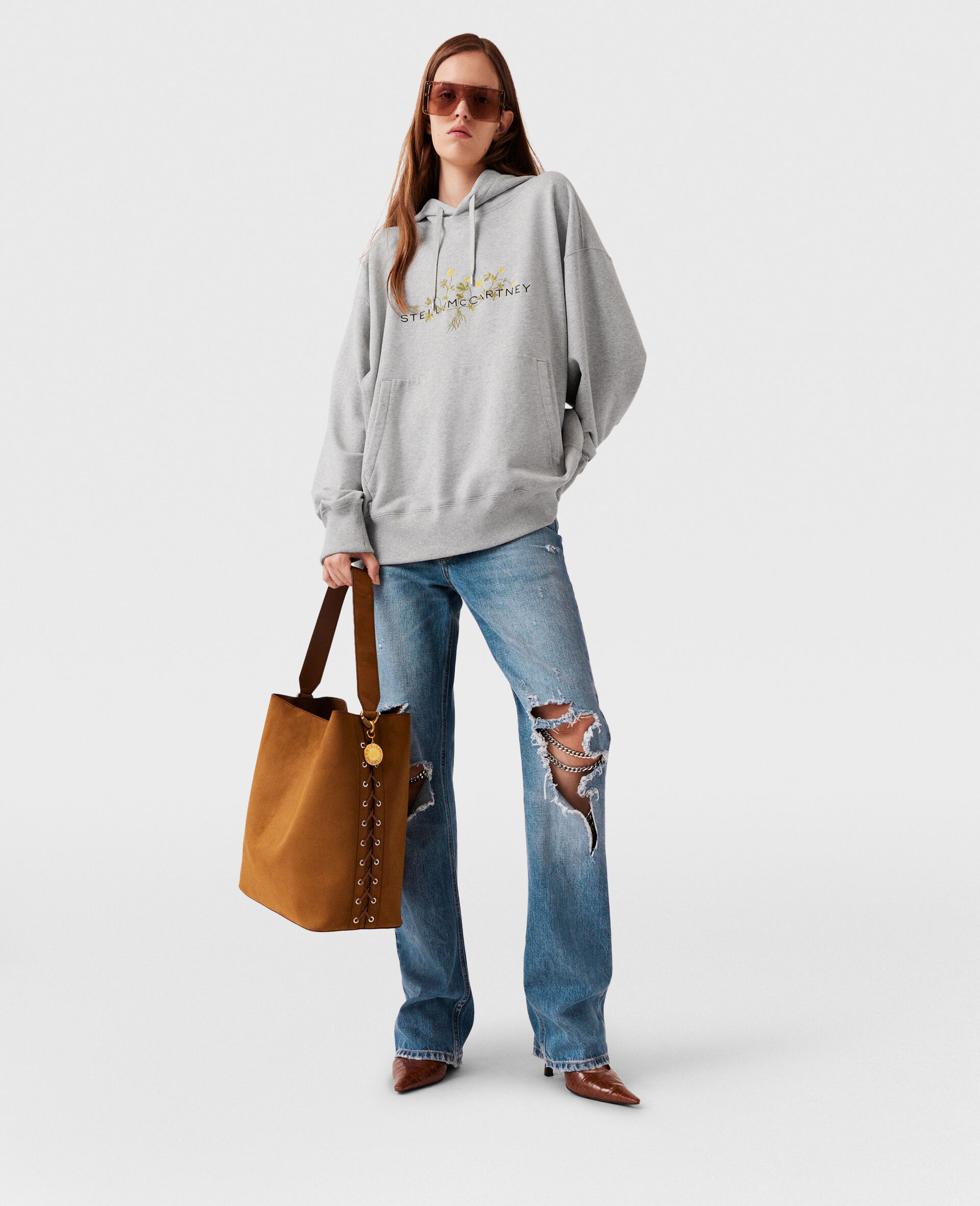 Floral Embroidered Logo Hoodie-Grey-large image number 5