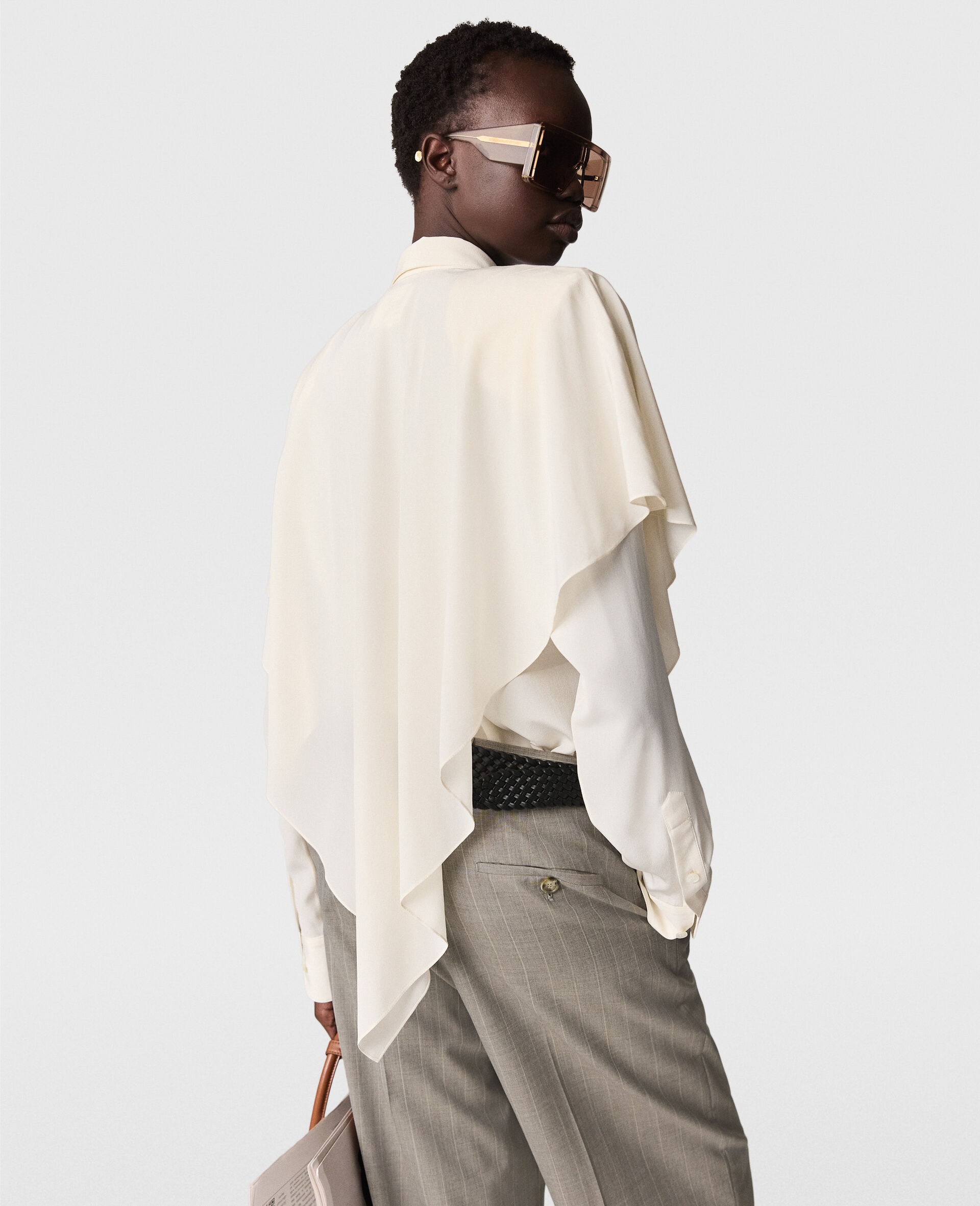 Layered Panel Long Sleeve Semi-Sheer Shirt-Cream-large image number 2