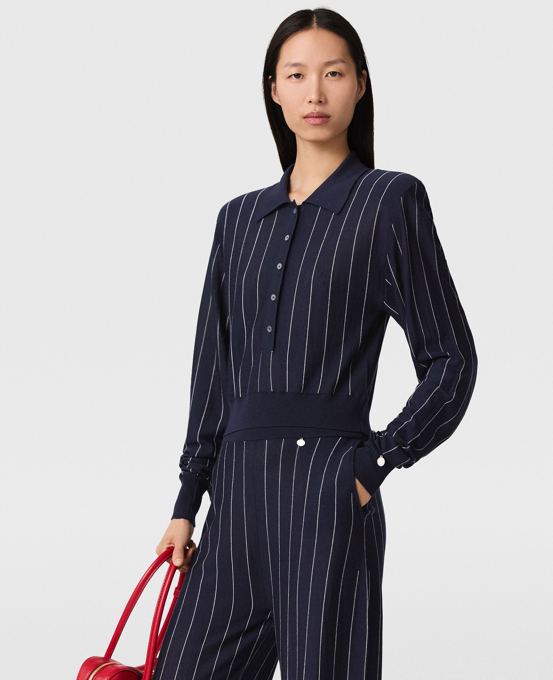 カラー ピンストライプ ロングスリーブ トップ-ブルー-large image number 2