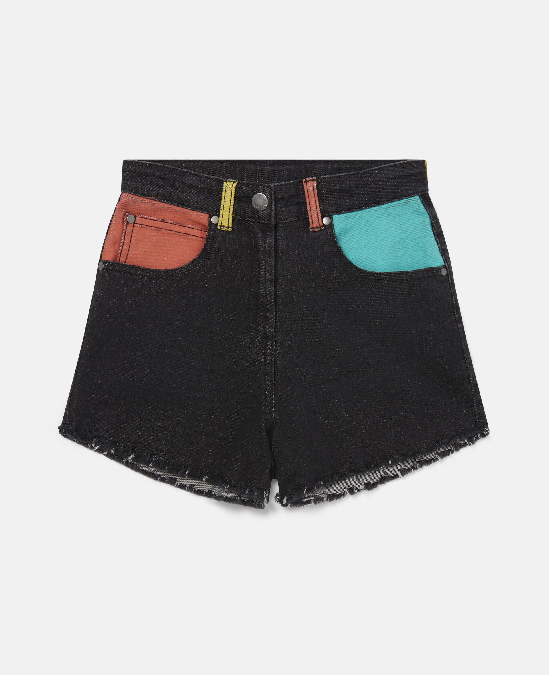 Color Block Denim Shorts-Black-large
